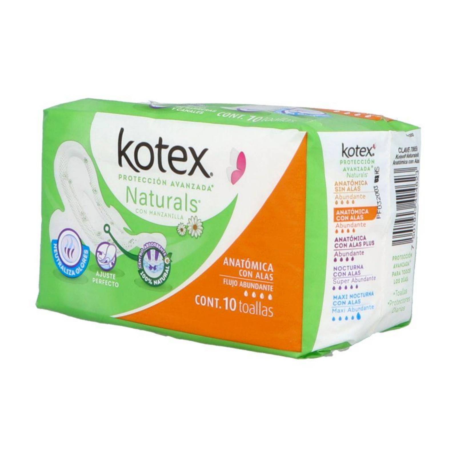 KOTEX MANZANILLA ANATÓMICA EMPAQUE CON 10 TOALLAS 