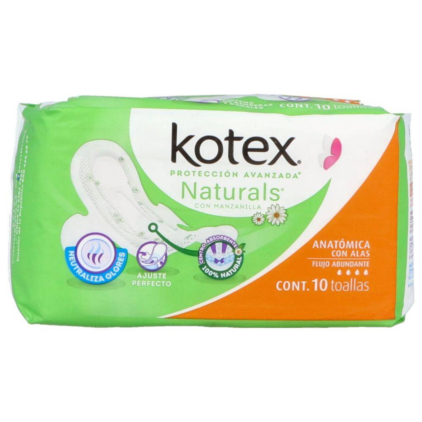 KOTEX MANZANILLA ANATÓMICA EMPAQUE CON 10 TOALLAS 