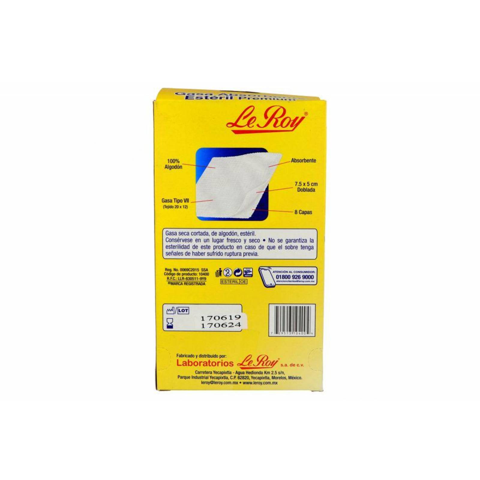 Gasa Absorbente Estéril Premium Le Roy Caja Con 100 Piezas De 7.5 cm x 5 cm 