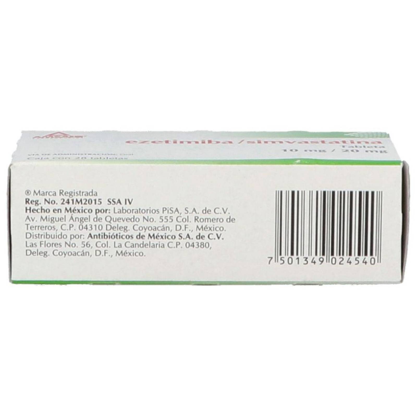 Ezetimiba/Simvastatina 10 mg/20 mg Caja Con 28 Tabletas 
