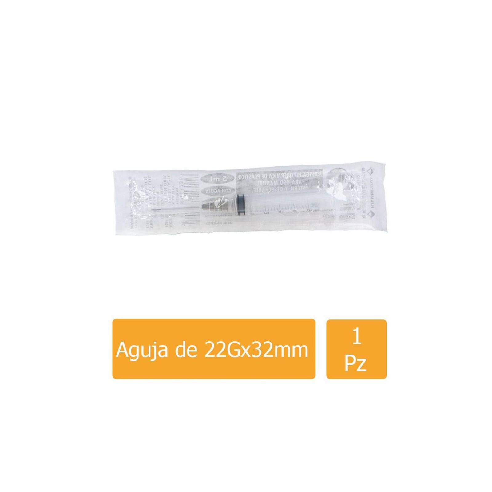 Jeringa Desechable 5mL Con Aguja 22Gx32mm Empaque Con 1 Pieza 