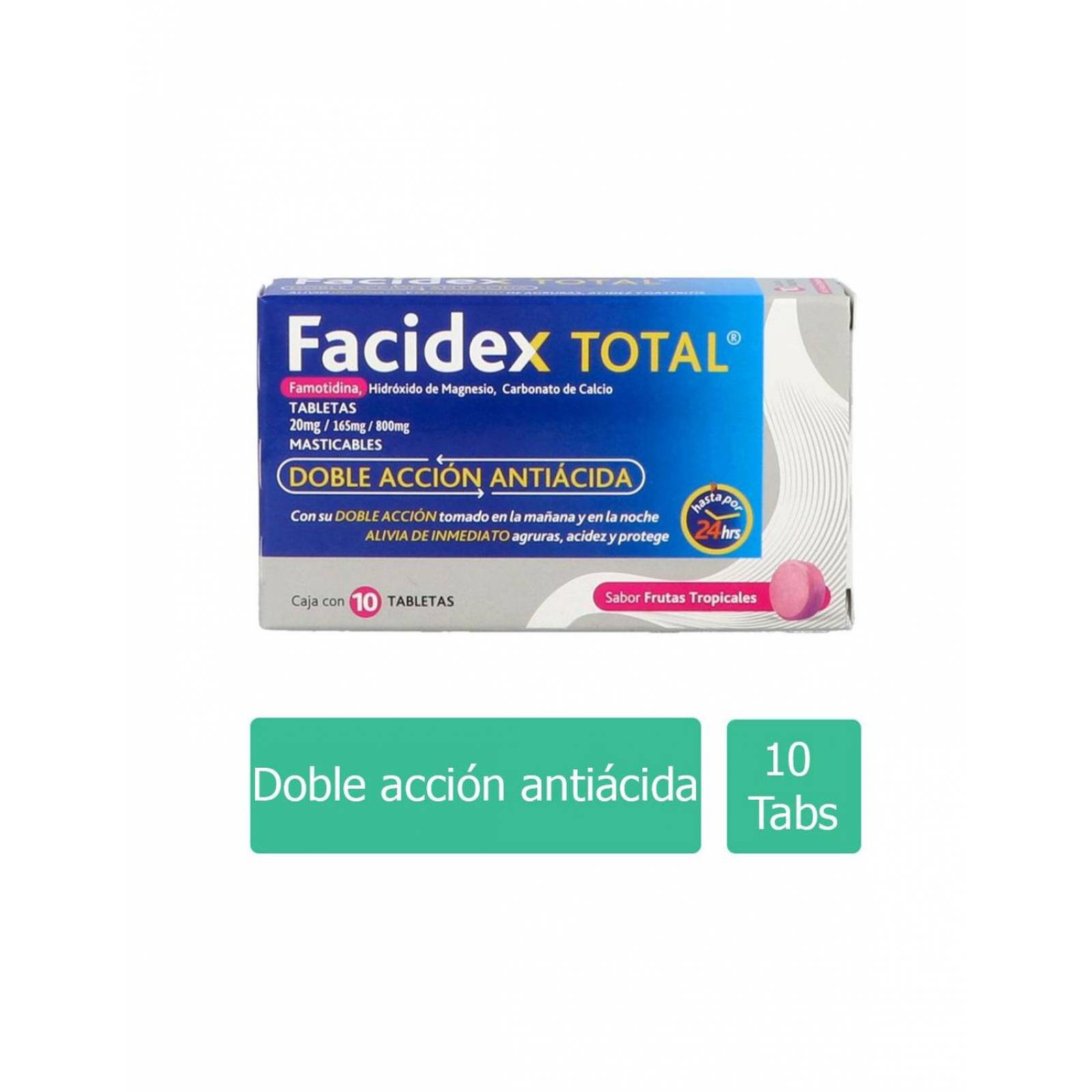 Facidex Total 20 mg/ 165 mg / 800 mg Caja Con 10 Tabletas Masticables Sabor Frutas Tropicales 