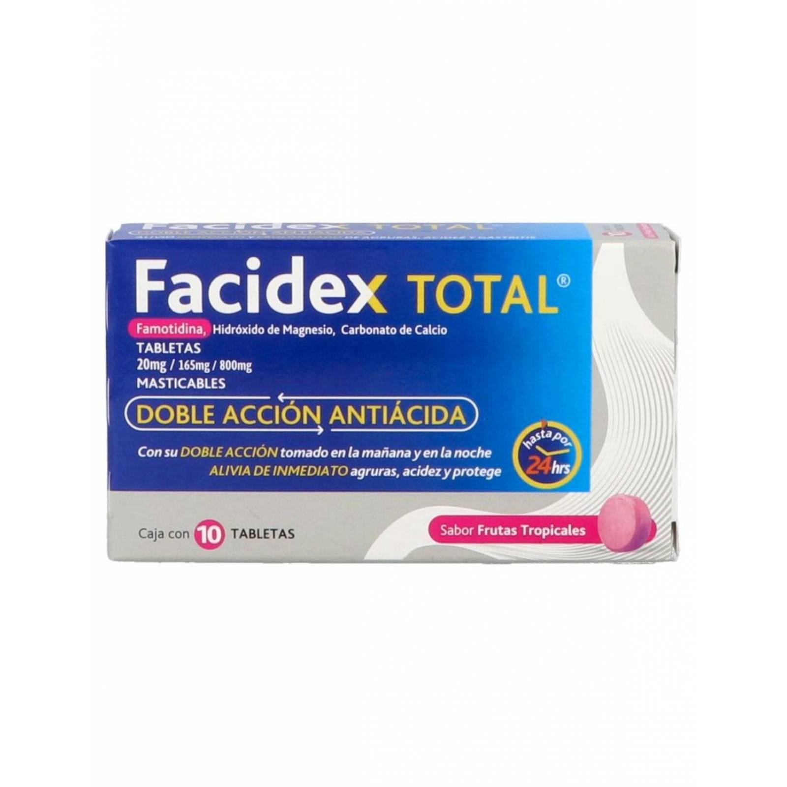 Facidex Total 20 mg/ 165 mg / 800 mg Caja Con 10 Tabletas Masticables Sabor Frutas Tropicales 