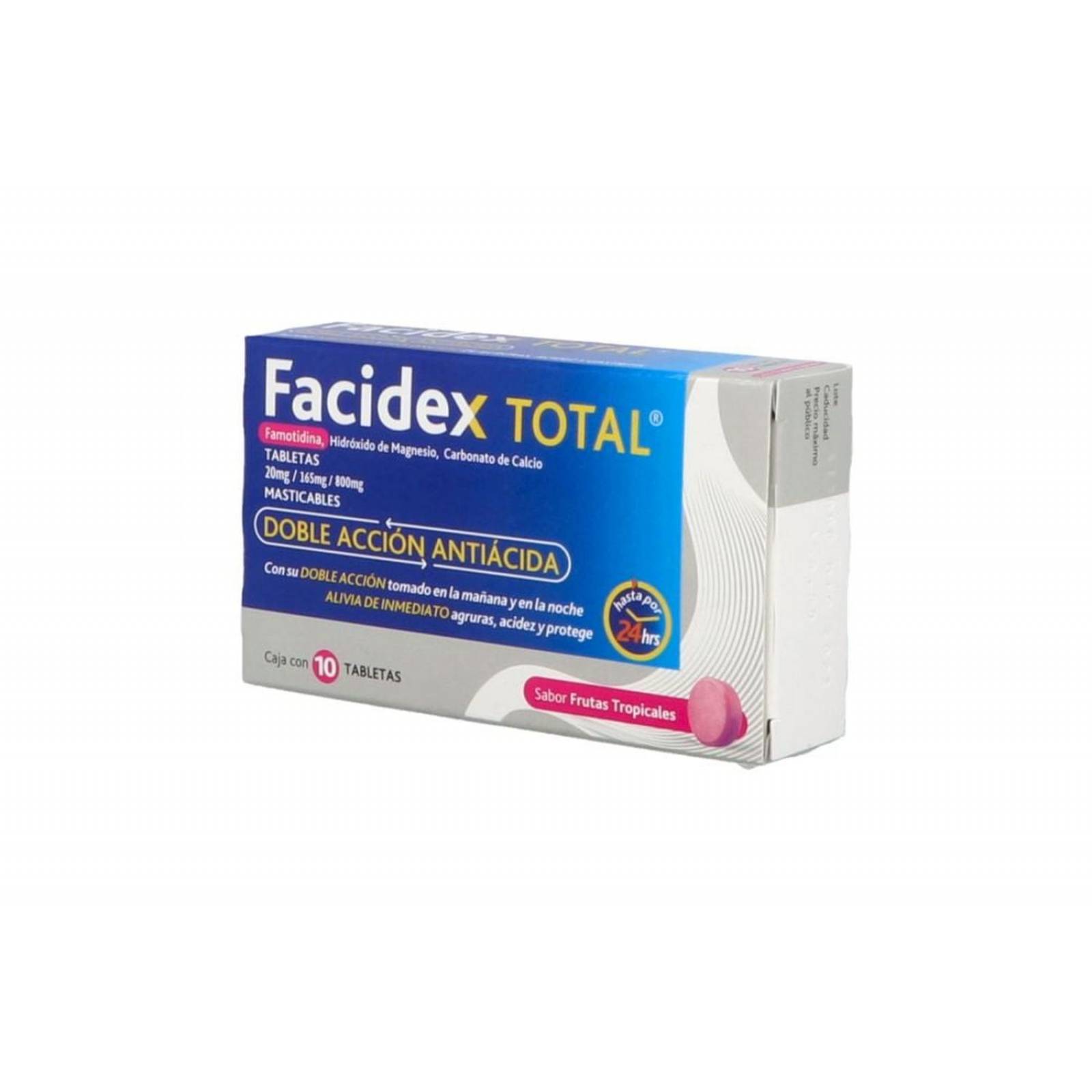 Facidex Total 20 mg/ 165 mg / 800 mg Caja Con 10 Tabletas Masticables Sabor Frutas Tropicales 