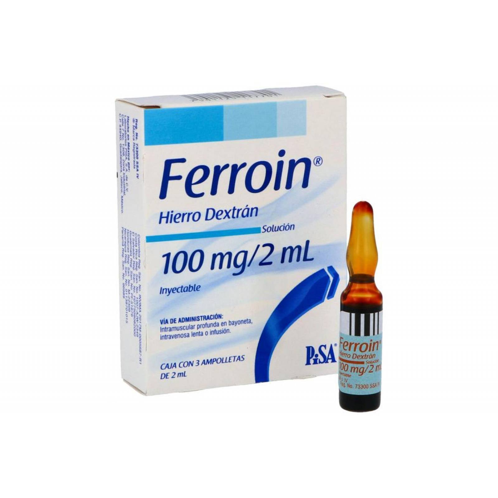 Ferroin Solución Inyectable 100 mg /2 mL Caja Con 3 Ampolletas 