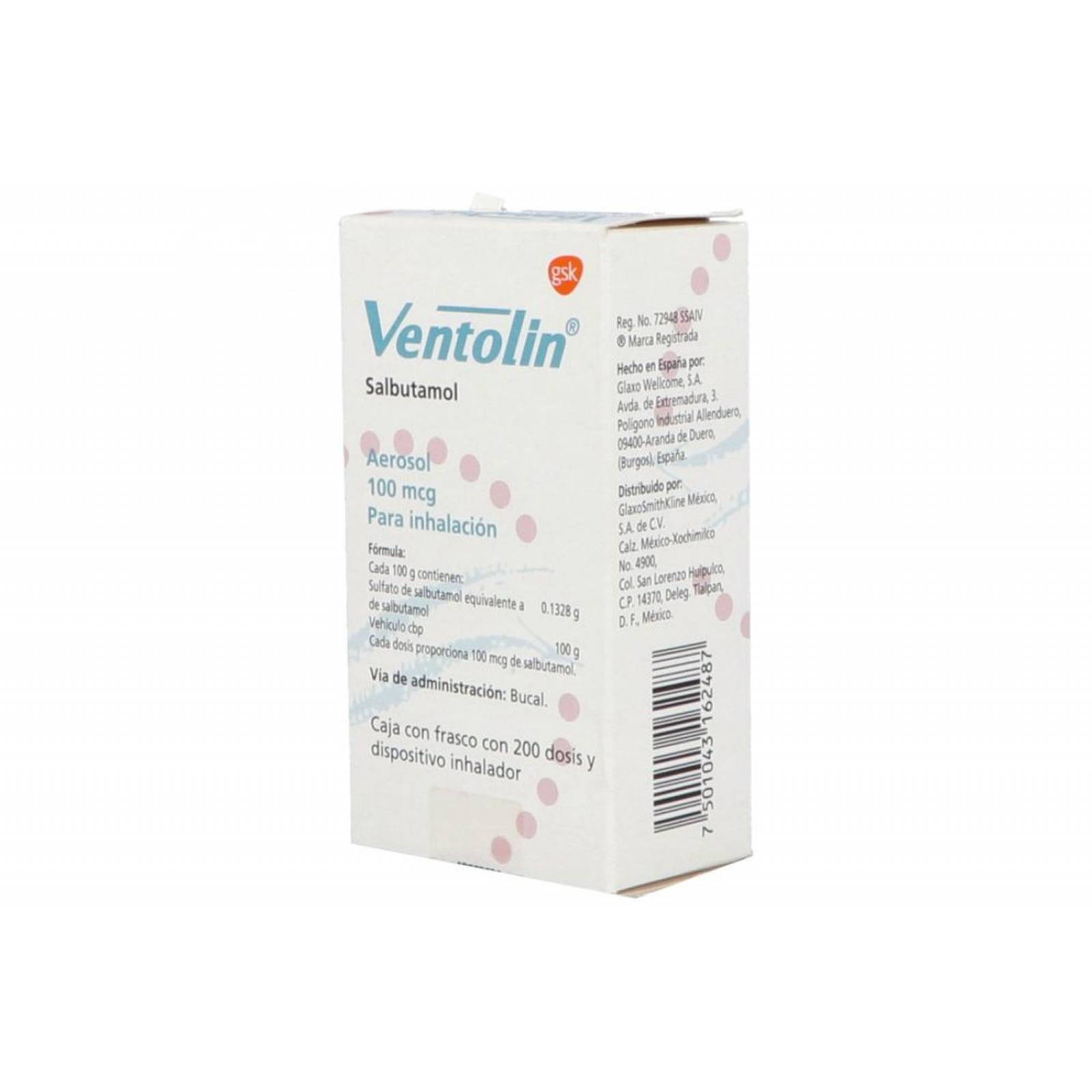 Ventolin 100 Mcg/ 18 g Frasco Con 200 Dosis y Dispositivo Inhalador 