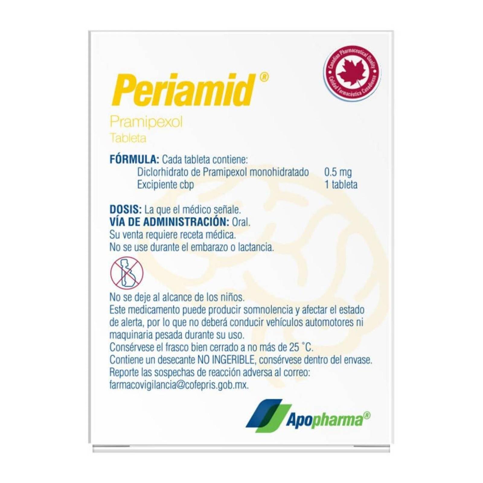 Periamid 0.5 mg Caja Con Frasco Con 30 Tabletas 