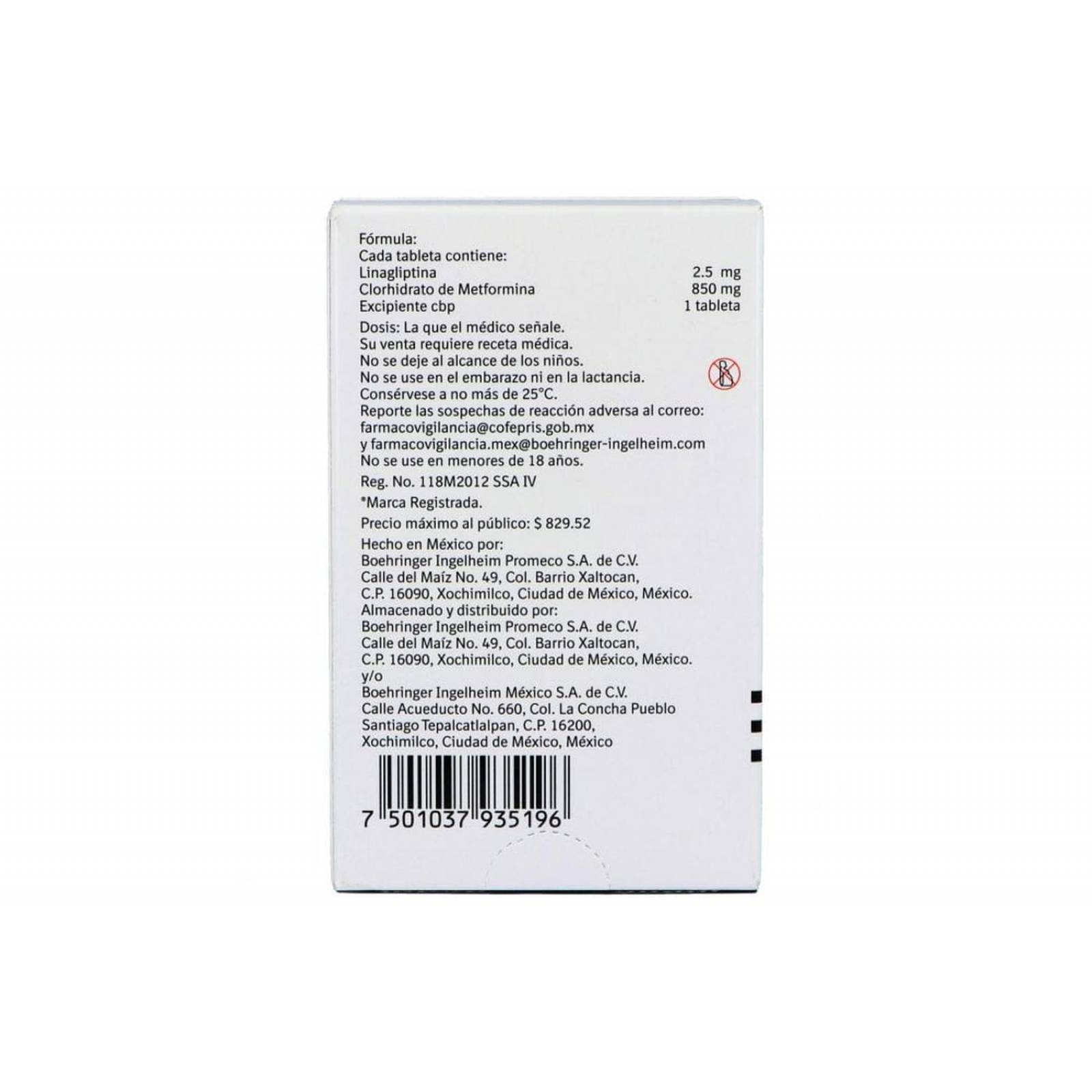 Trayenta Duo 2.5 mg /850 mg Caja Con 30 Tabletas 