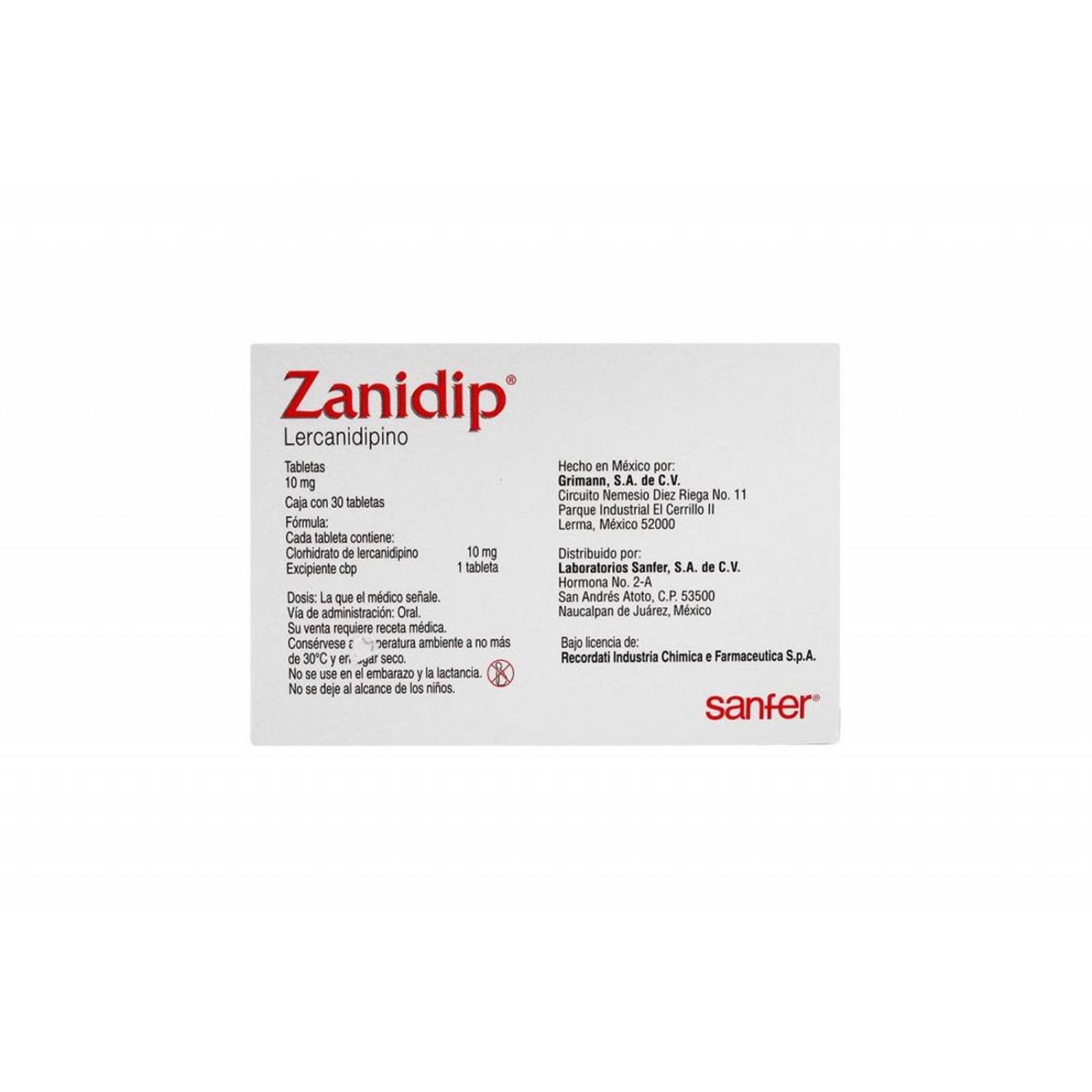 Zanidip 10 mg Caja Con 30 Tabletas 