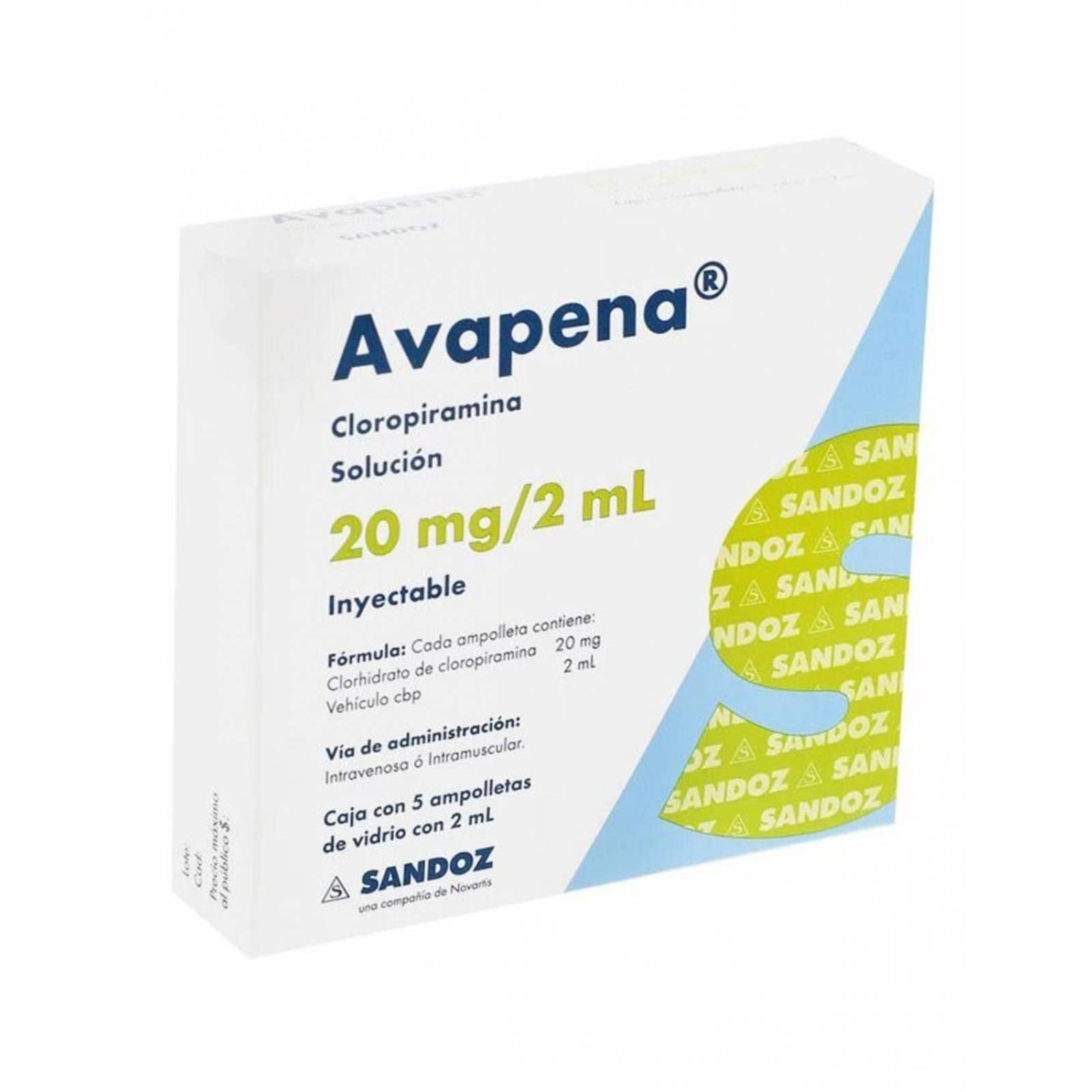 Avapena 20 mg Caja Con 5 Ampolletas de 2 mL 