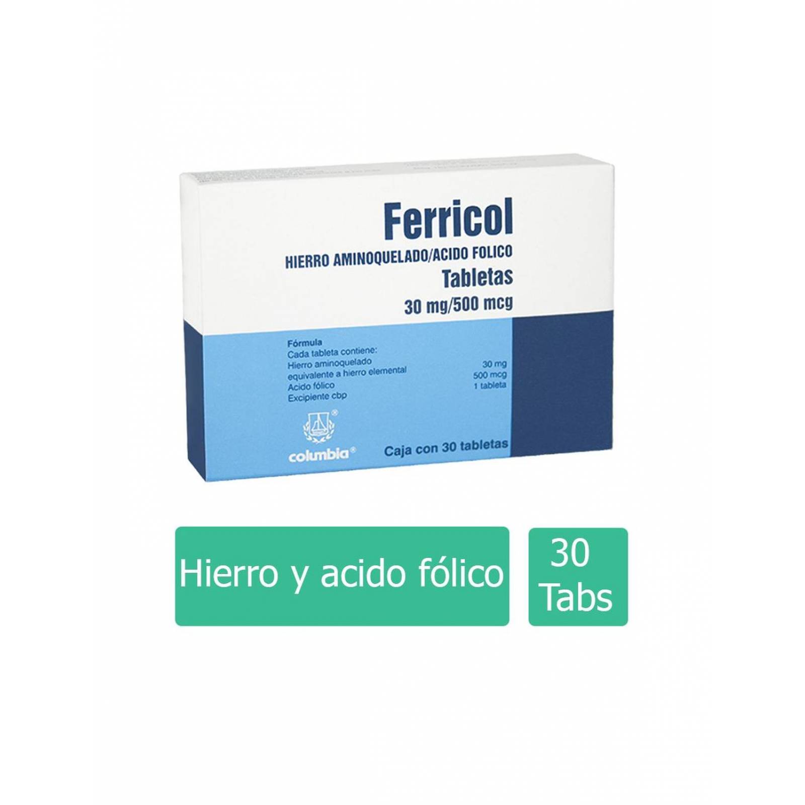 Ferricol 30 mg / 500 Mcg Caja Con 30 Tabletas 
