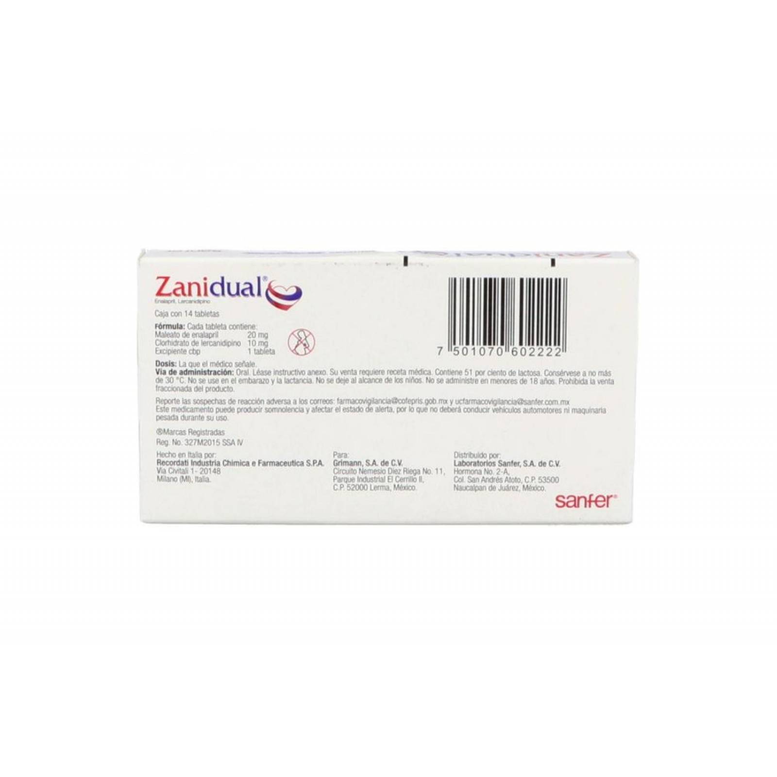 Zanidual 20 mg/10 mg Con 14 Tabletas 