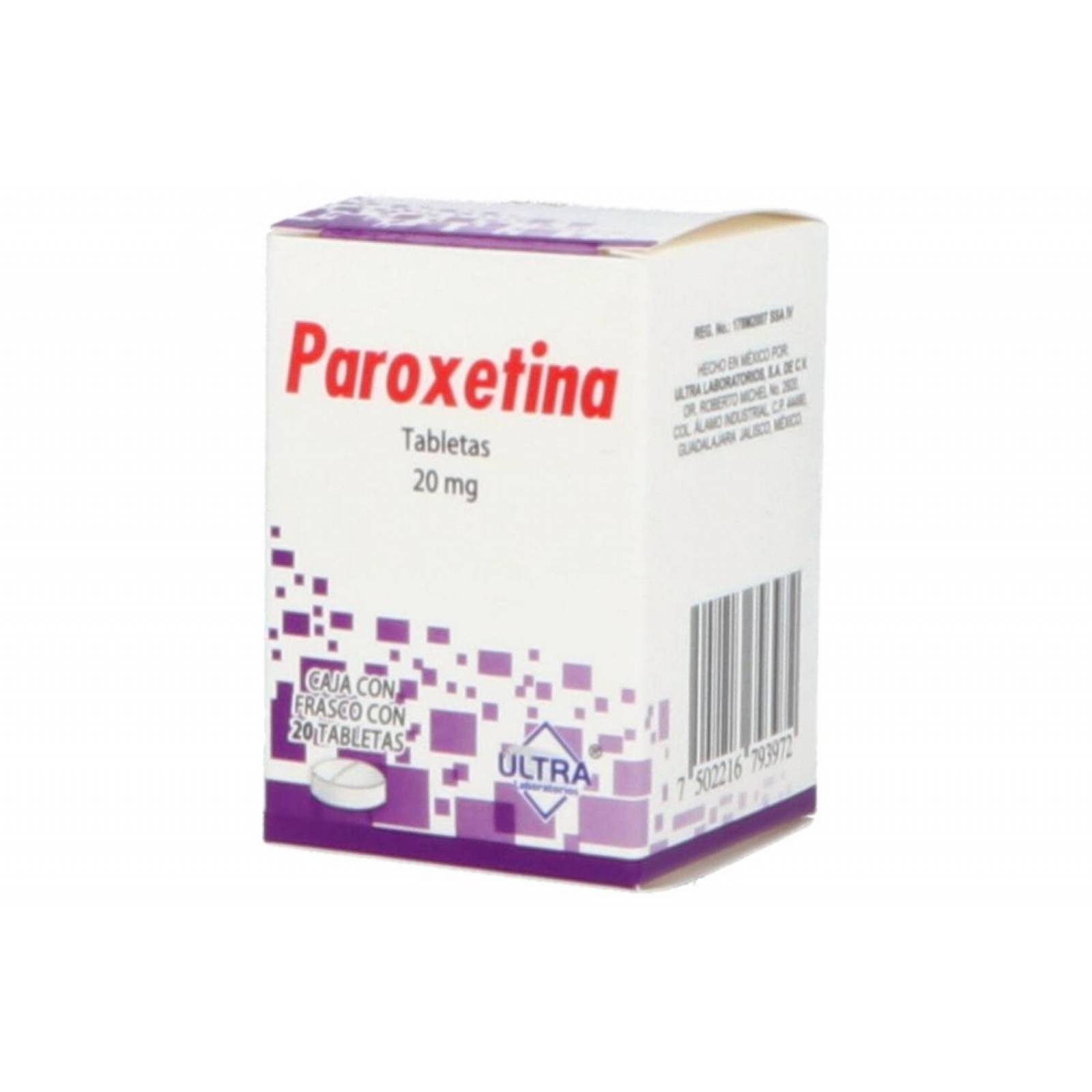Paroxetina 20 mg. 20 Tabletas 