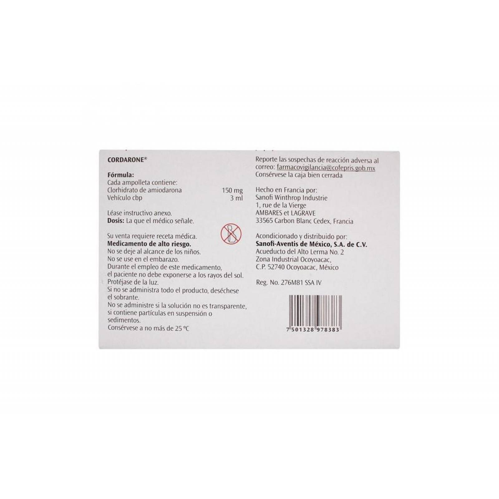 Cordarone 150 mg / 3 mL Caja Con 6 Ampolletas De 3 mL 