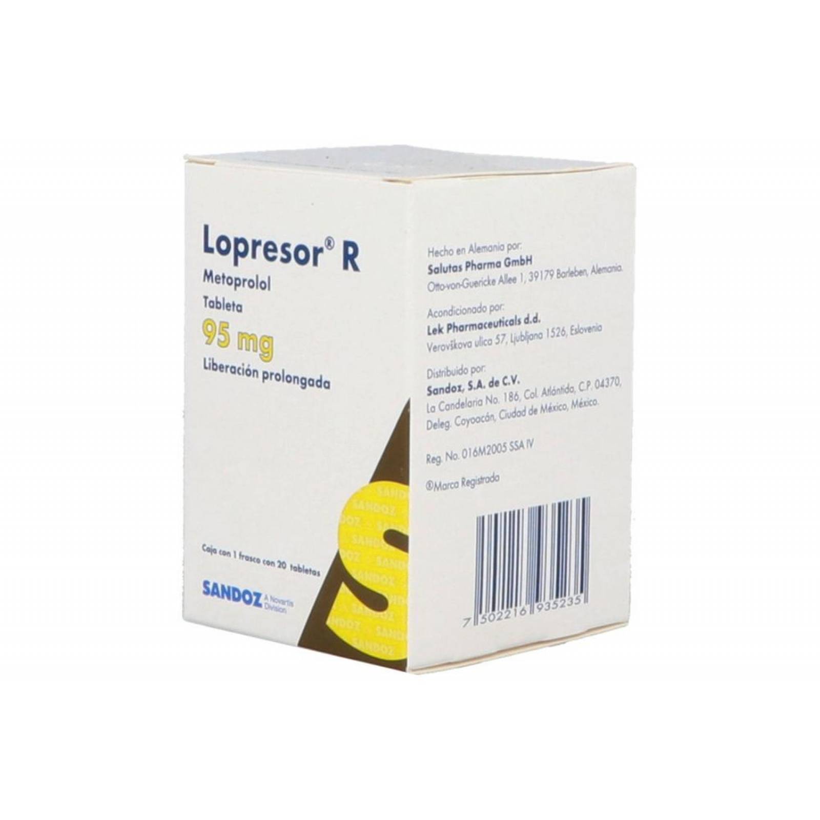 Lopresor R 95 mg Caja con Frasco Con 20 Tabletas 