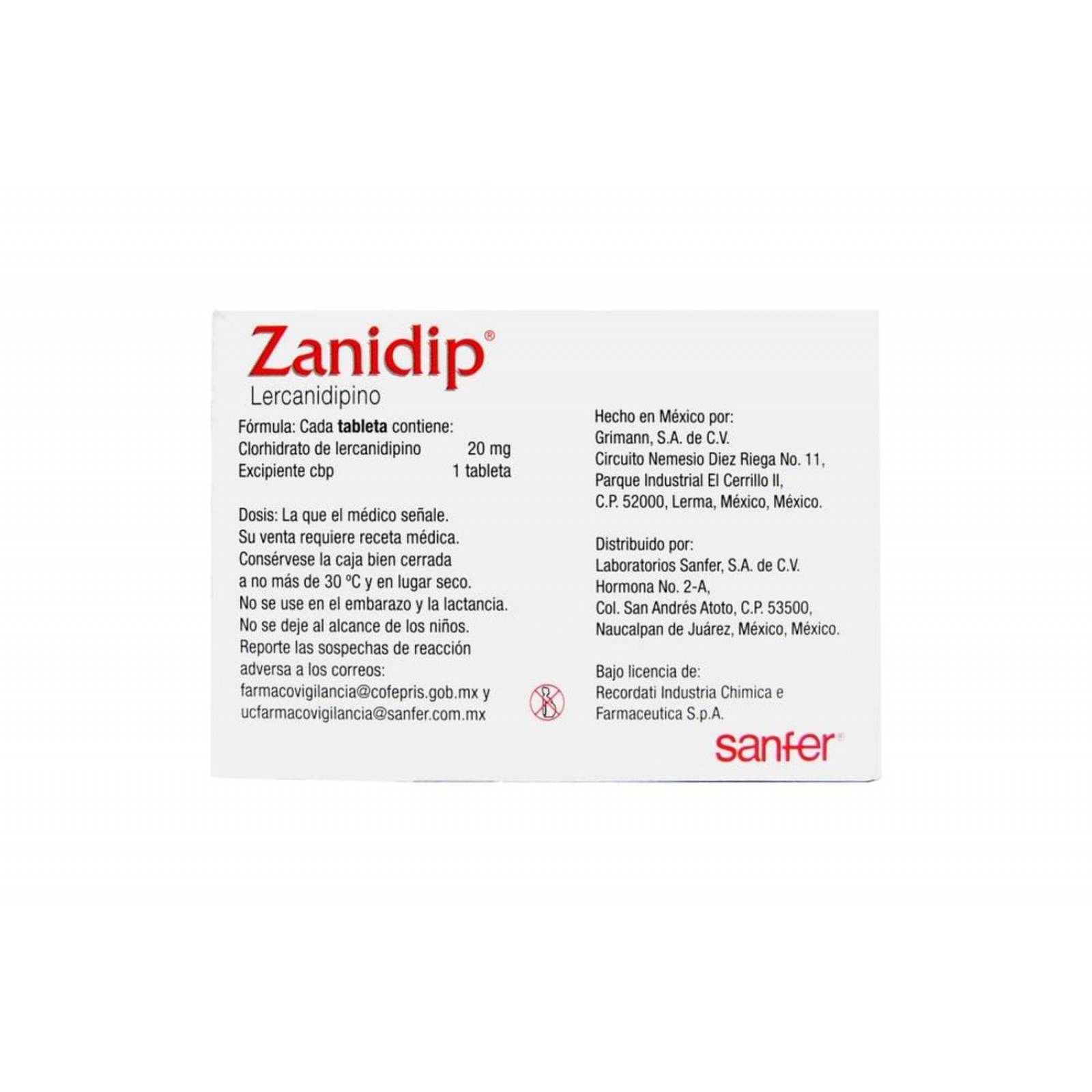 Zanidip 20 mg Caja Con 14 Tabletas 