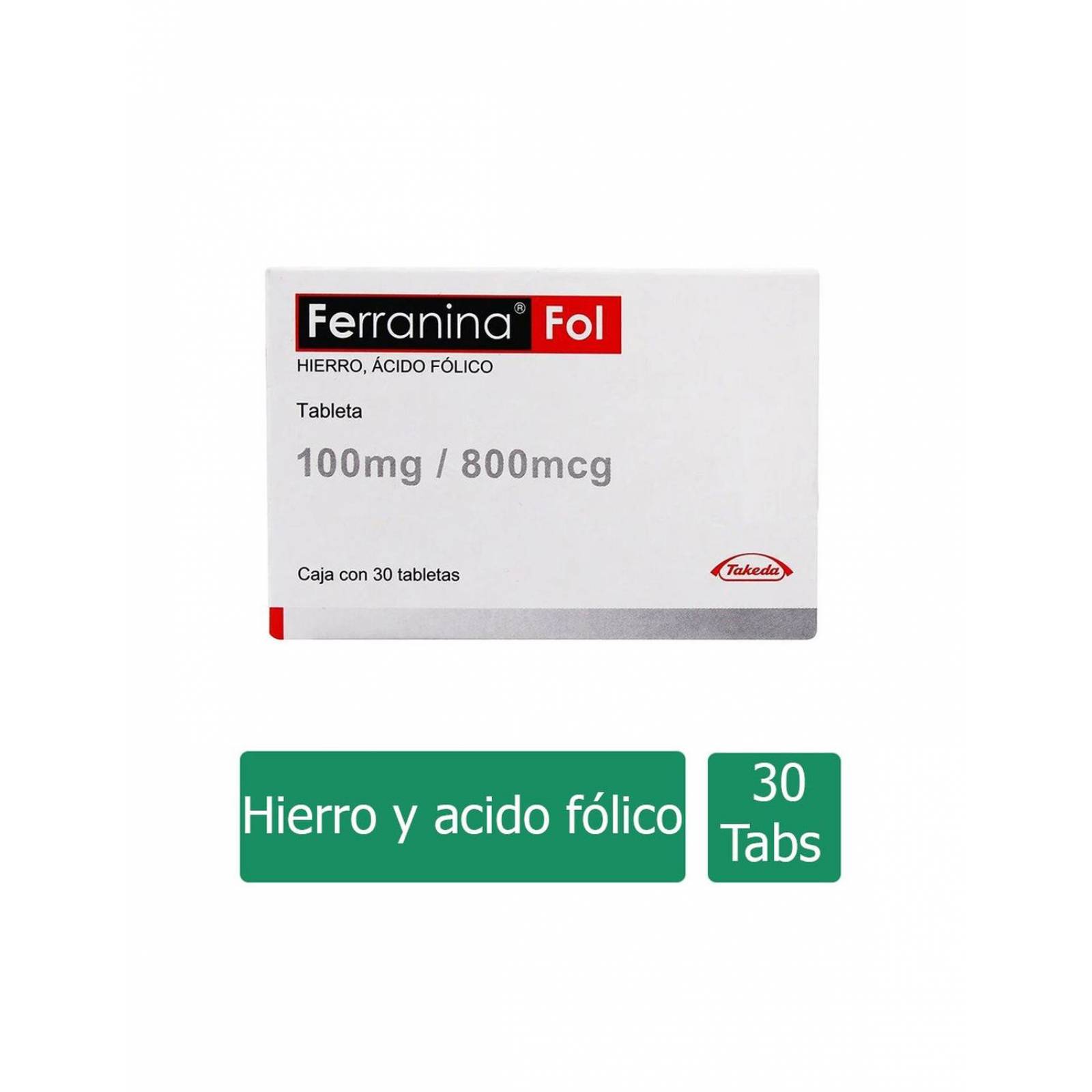 Ferranina Fol 100 mg / 800 mcg Caja Con 30 Tabletas 