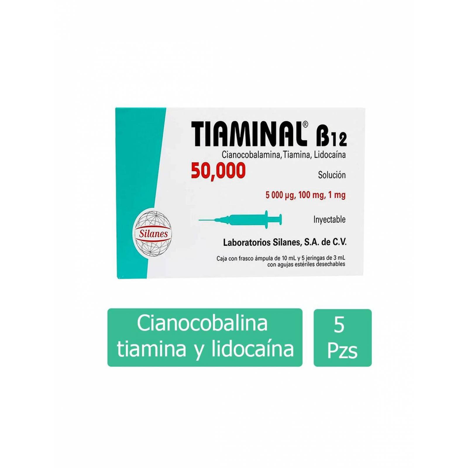 Tiaminal B12 50000 Caja Con Frasco Ámpula De 10 mL y 5 Jeringas 