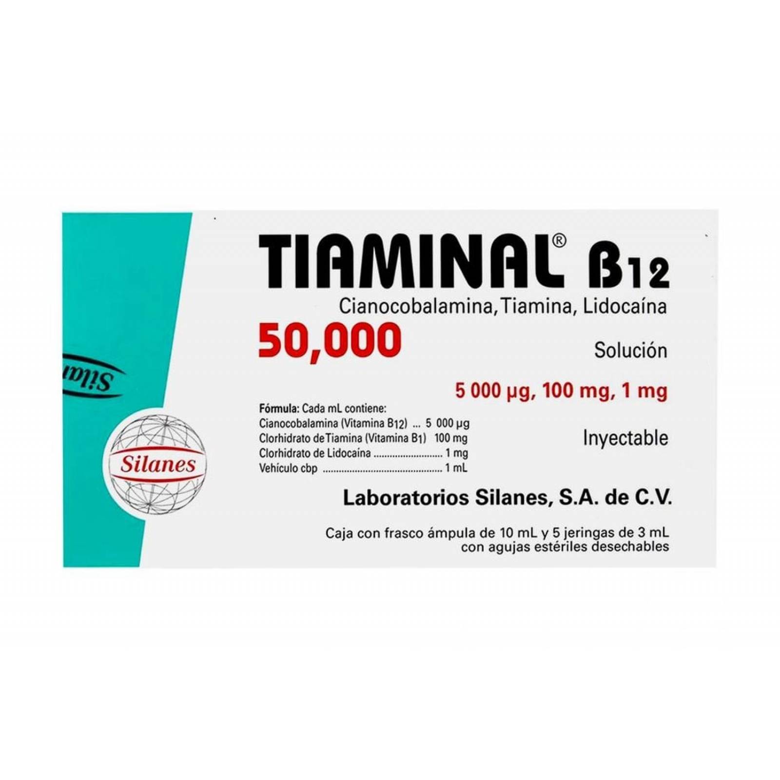 Tiaminal B12 50000 Caja Con Frasco Ámpula De 10 mL y 5 Jeringas 