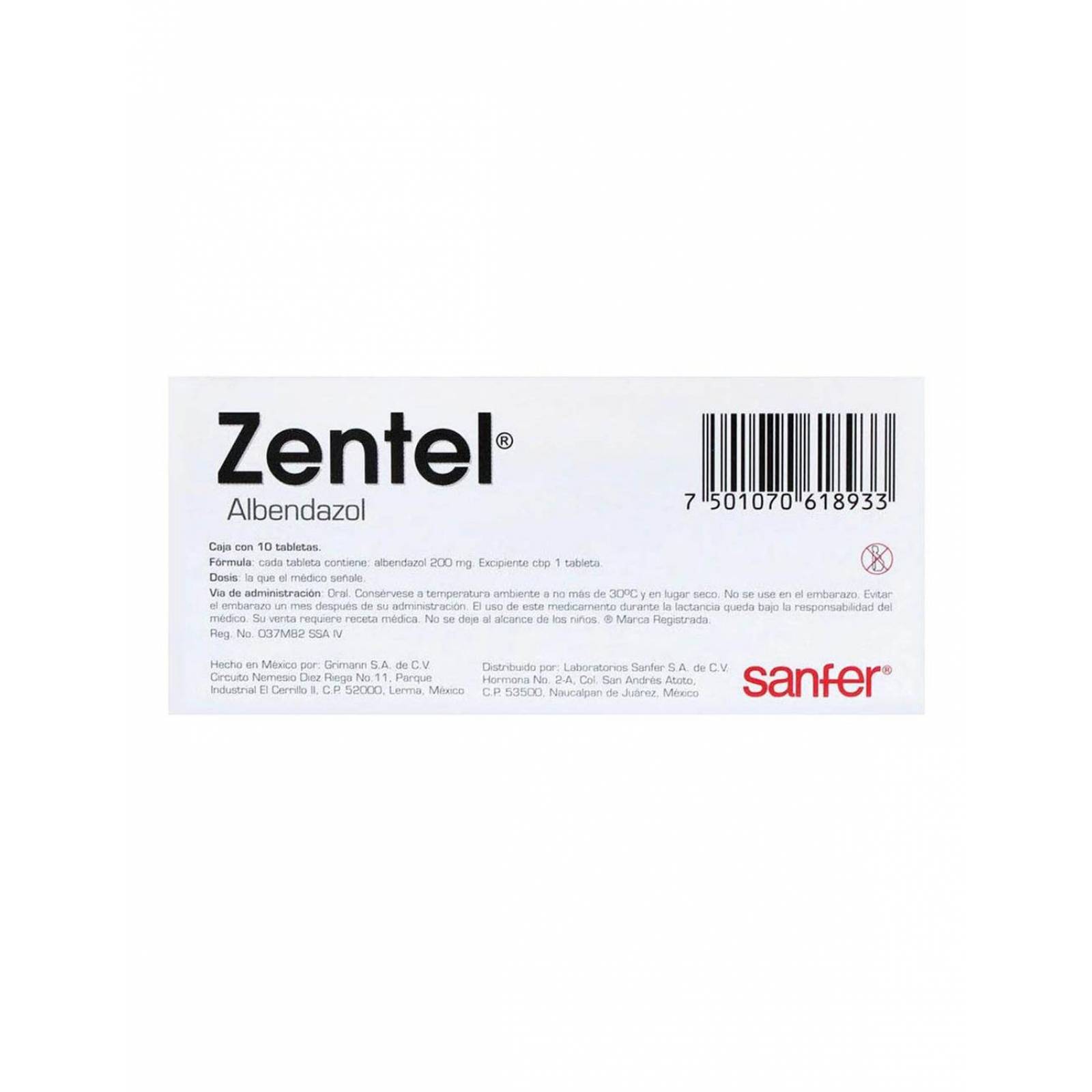 Zentel 200 mg Caja Con 10 Tabletas 