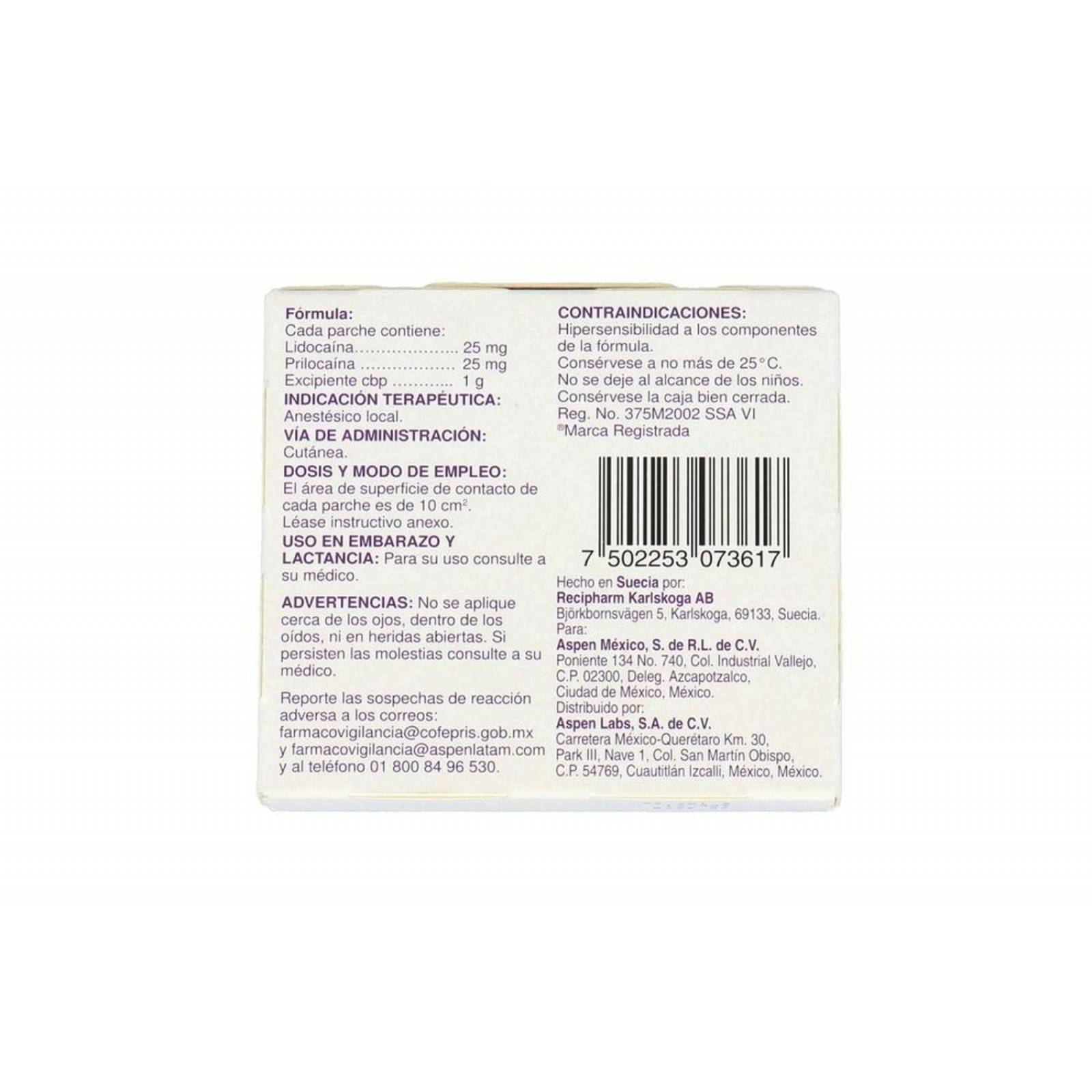 Emla 25 mg /25 mg Caja Con 2 Parches Con 1g. 