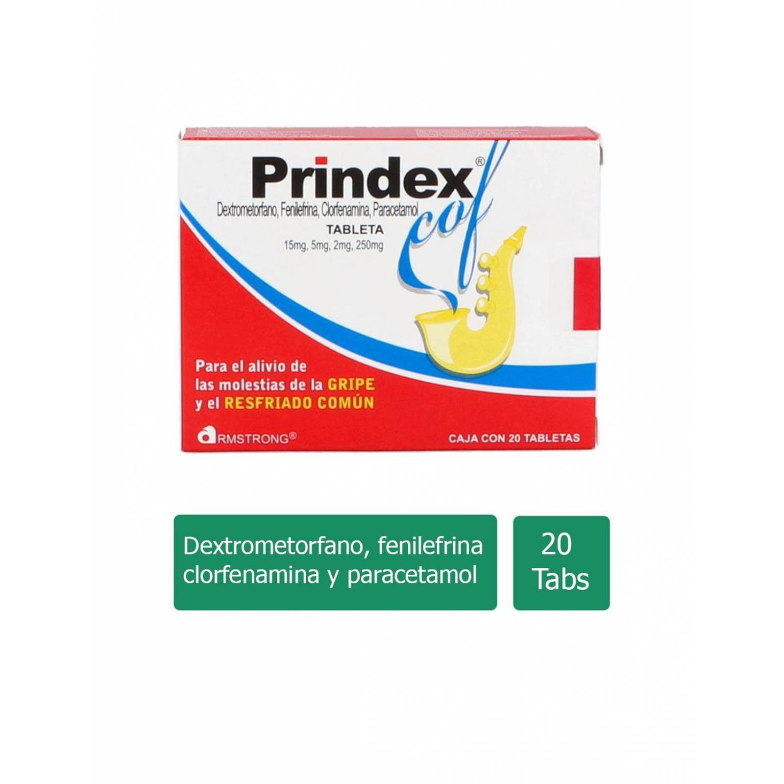 Prindex Cof 15 mg/5 mg/ 2 mg/ 250 mg Caja Con 20 Tabletas 