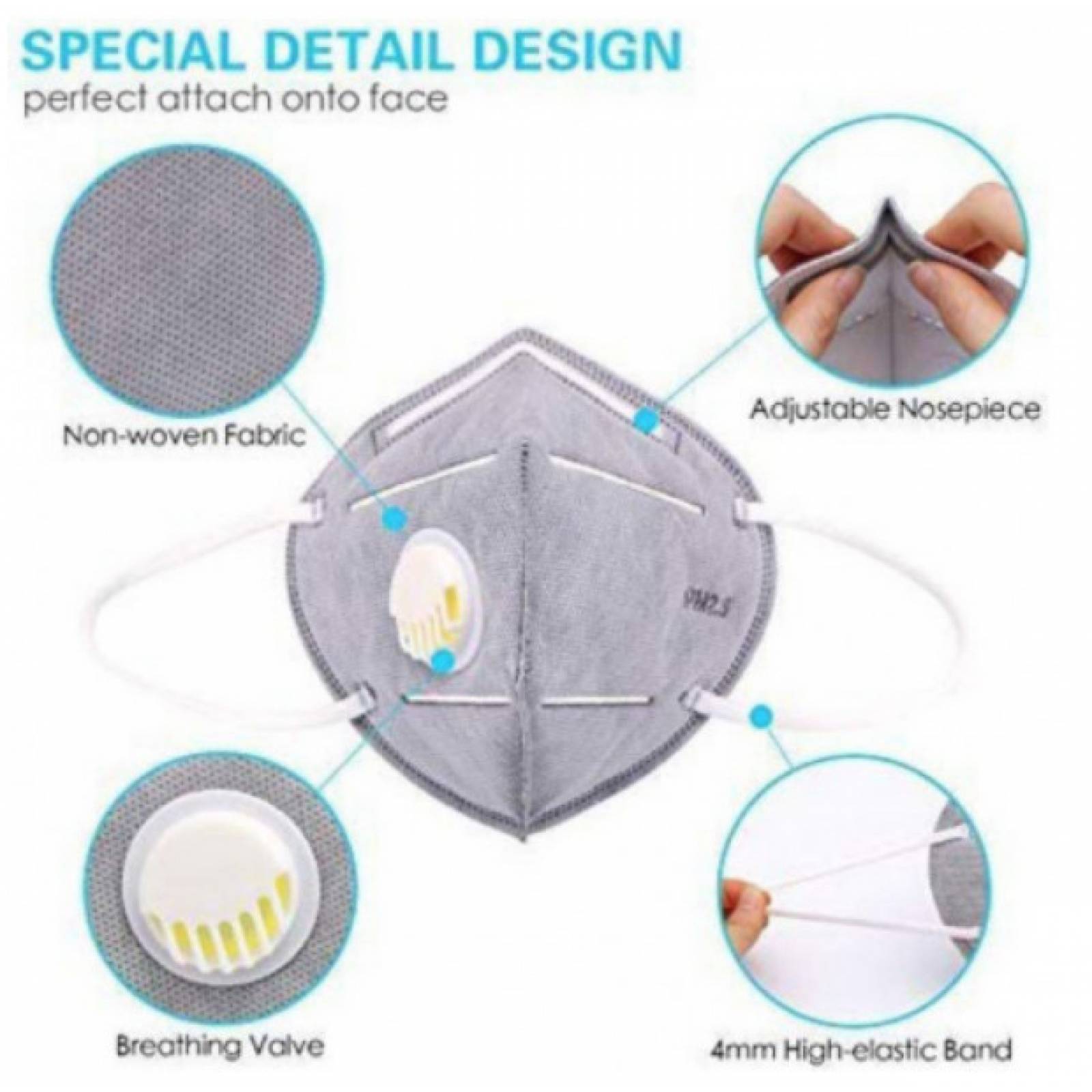 10 Cubrebocas, mascarilla KN95 con válvula CERTIFICADO, color gris, para adulto.