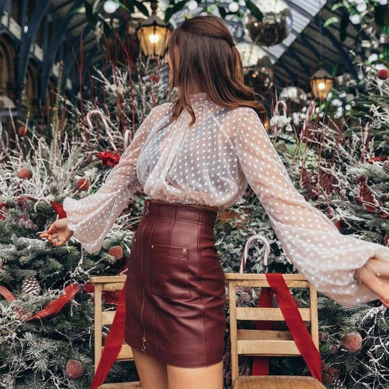 Blusa De Gasa Transparente Manga Larga Diseño Puntos Mpb-526