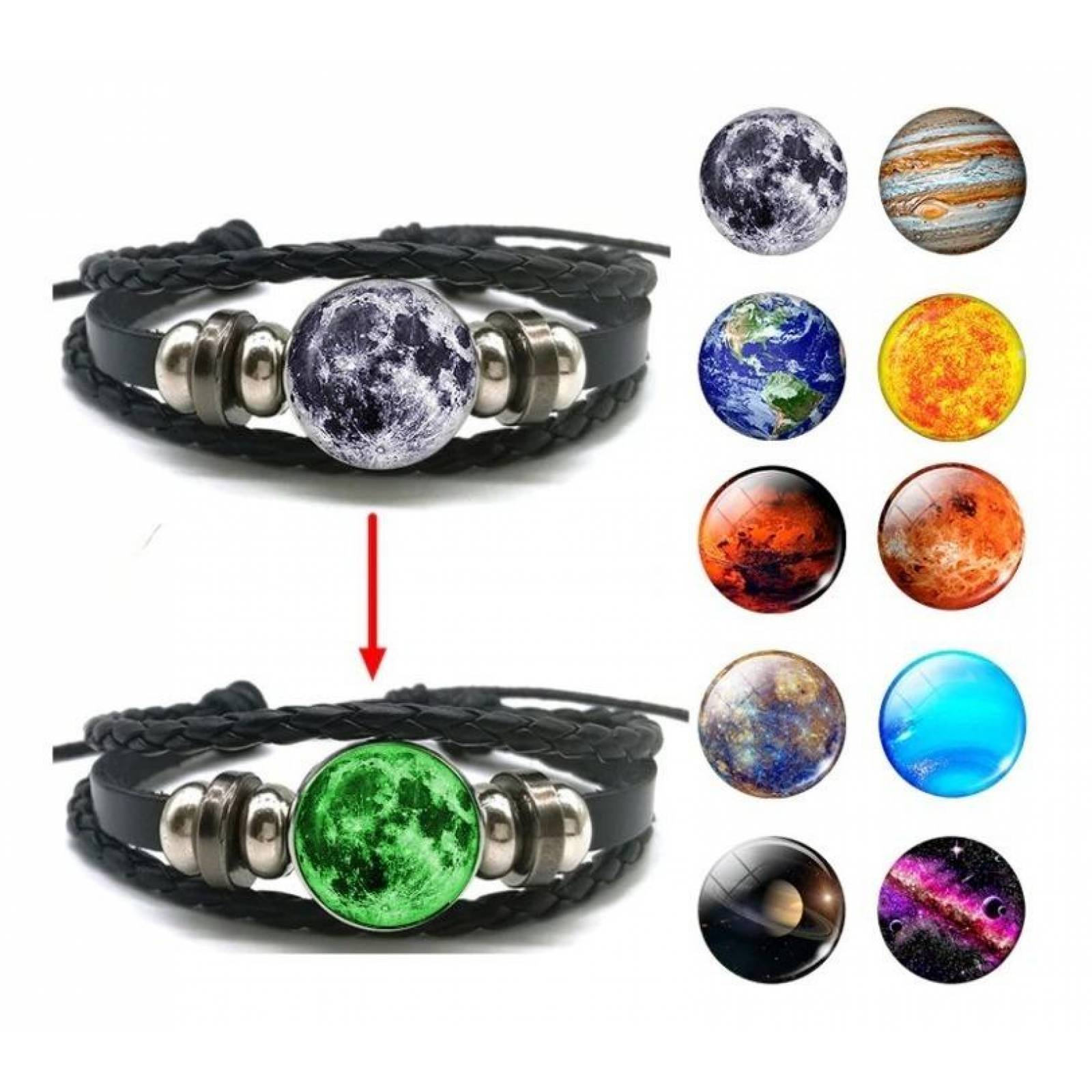 Pulsera Cuero Fluorescente Universo Varios Diseños Mpb-330 5 " - Luna Blanca LUNA BLANCA