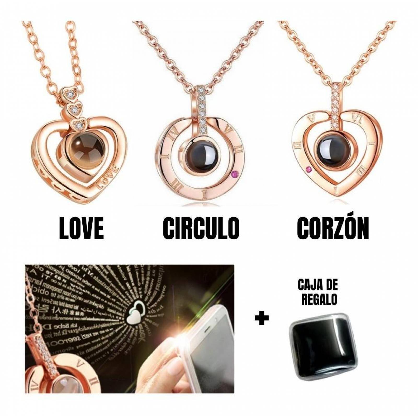 Collar Proyección Te Amo 100 Idiomas Mas Caja De Regalo J-003 CORAZÓN