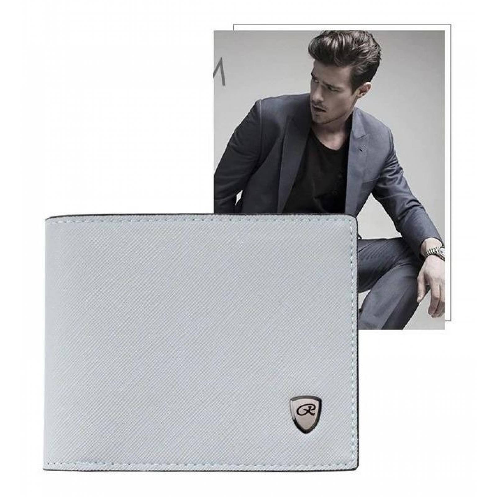 Cartera Billetera De Hombre Cuero Piel Saffiano A-016 Gris claro