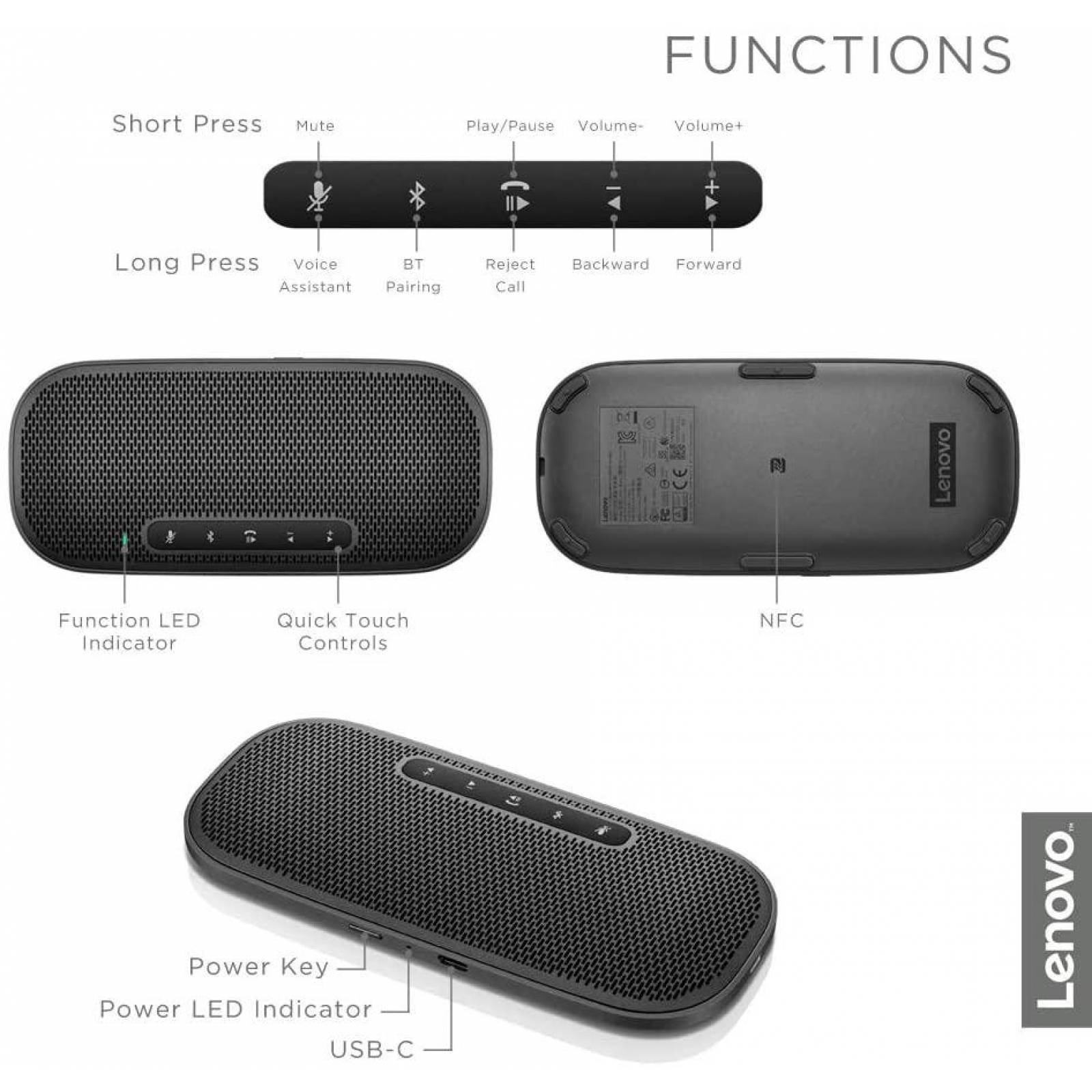 Bocina Portátil Lenovo Bluetooth USB-C GXD0T32973 