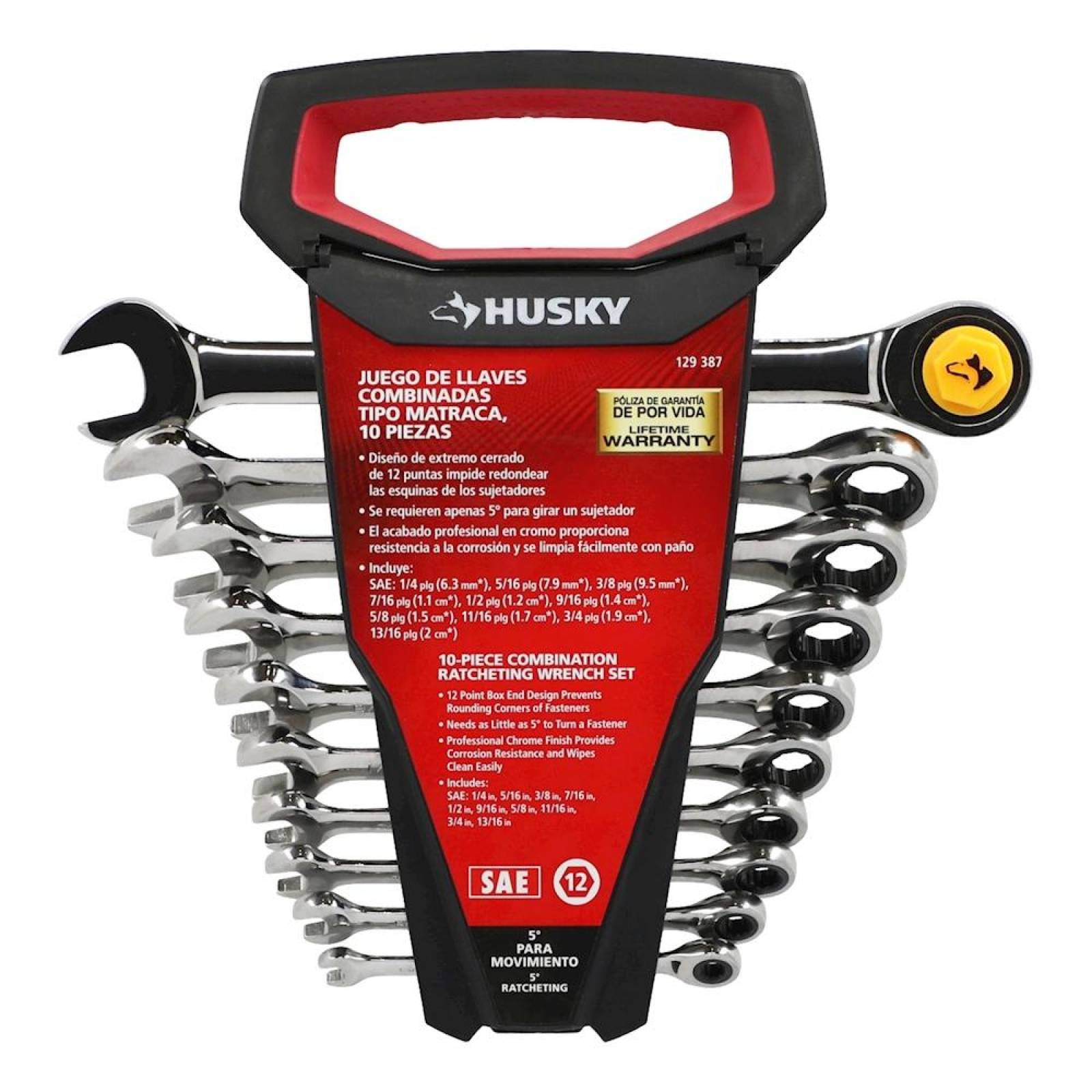 JUEGO DE LLAVES COMBINADAS TIPO MATRACA ACERO HUSKY 10 PIEZAS