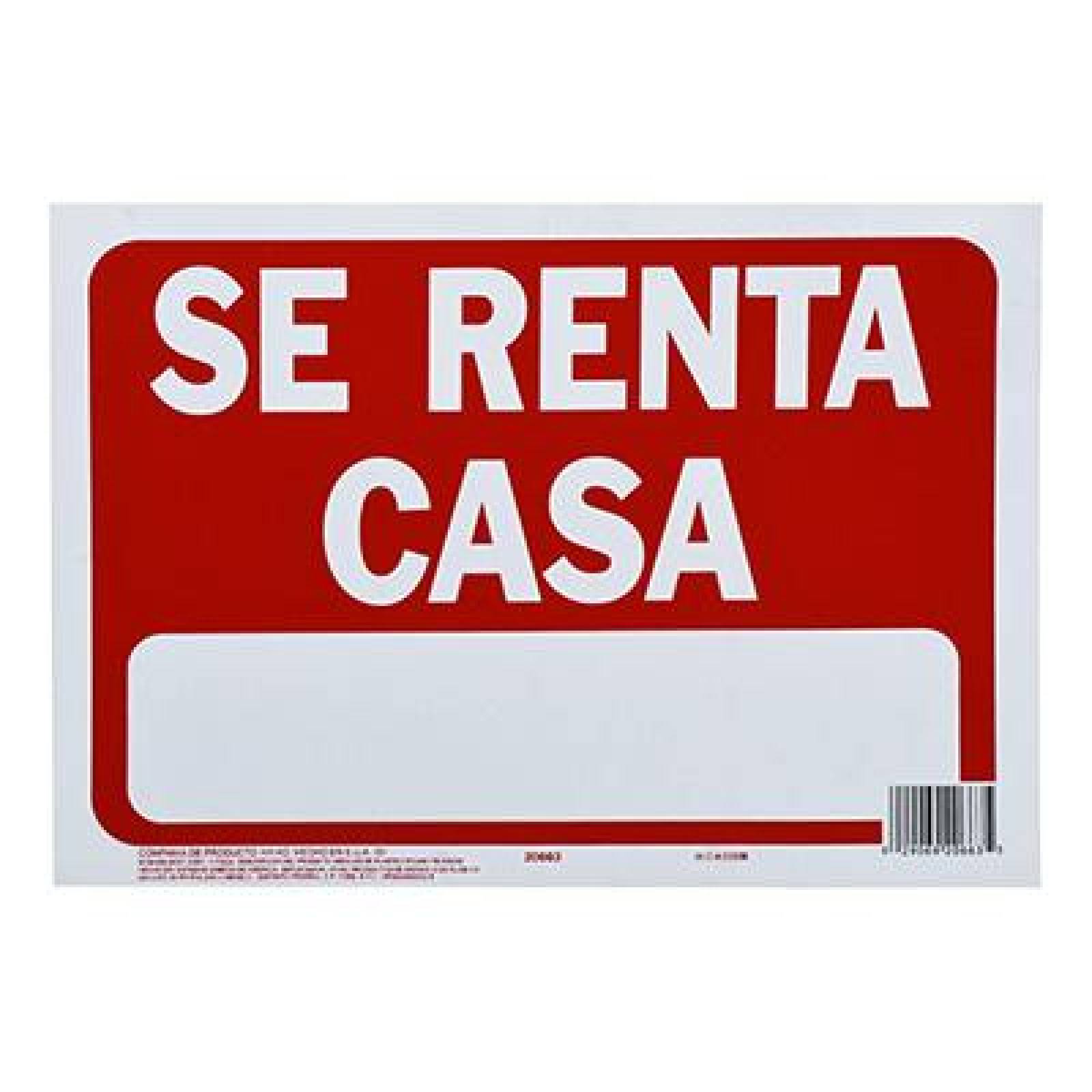 LETRERO DE PLÁSTICO PARA PARED SE RENTA CASA 21.5 X 30.5 CM 