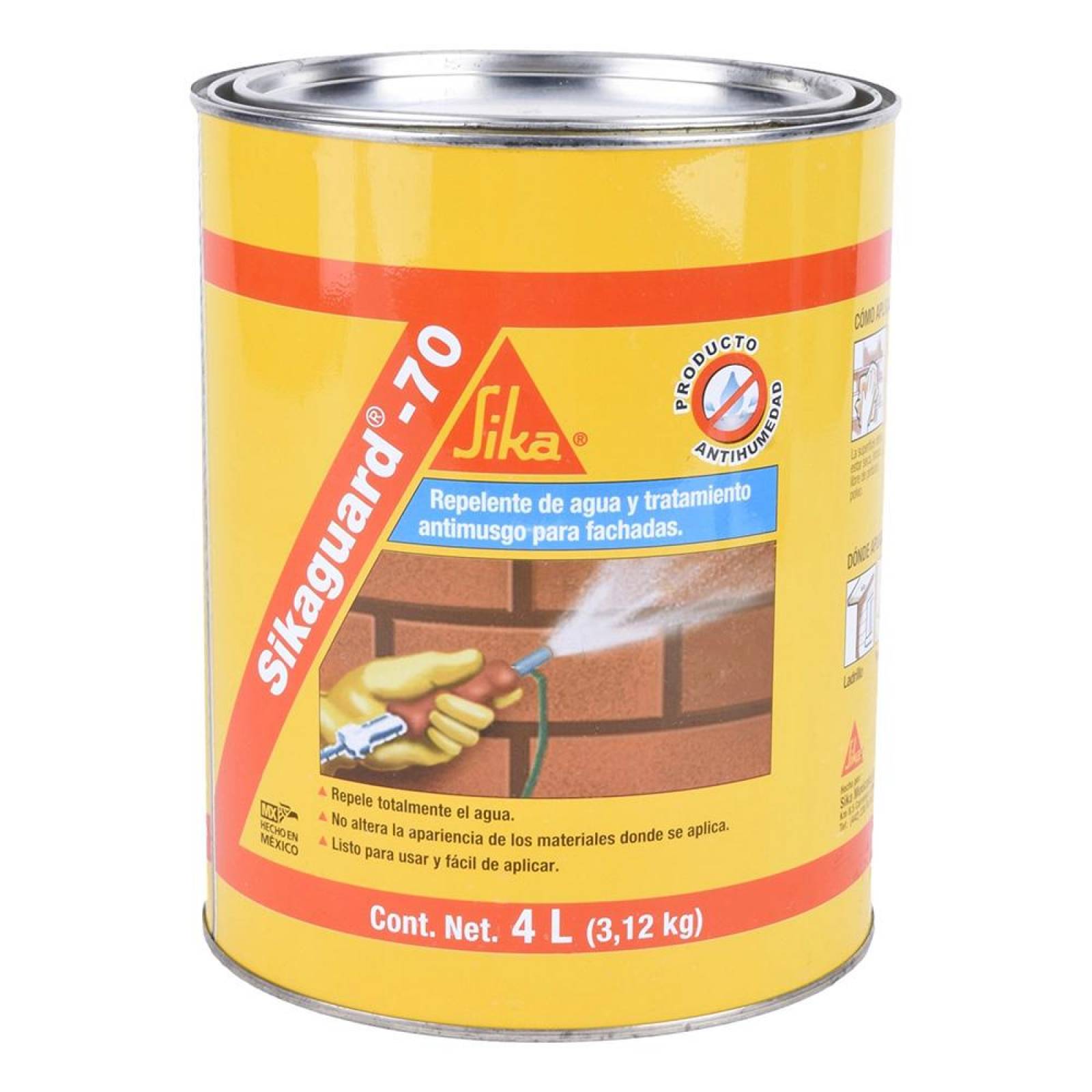 REPELENTE DE AGUA Y TRATAMIENTO ANTIMUSGO PARA FACHADAS SIKA SIKAGUARD-70 AMARILLO 4 LITROS