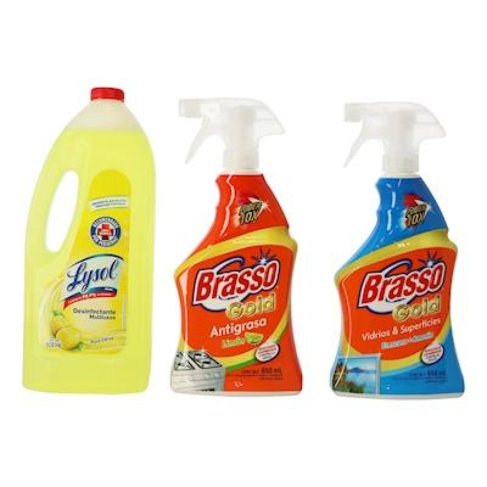 KIT DE LIMPIEZA CON DESINFECTANTE MULTIUSOS, DESENGRASANTE Y LIMPIADOR DE VIDRIOS 3 PIEZAS 