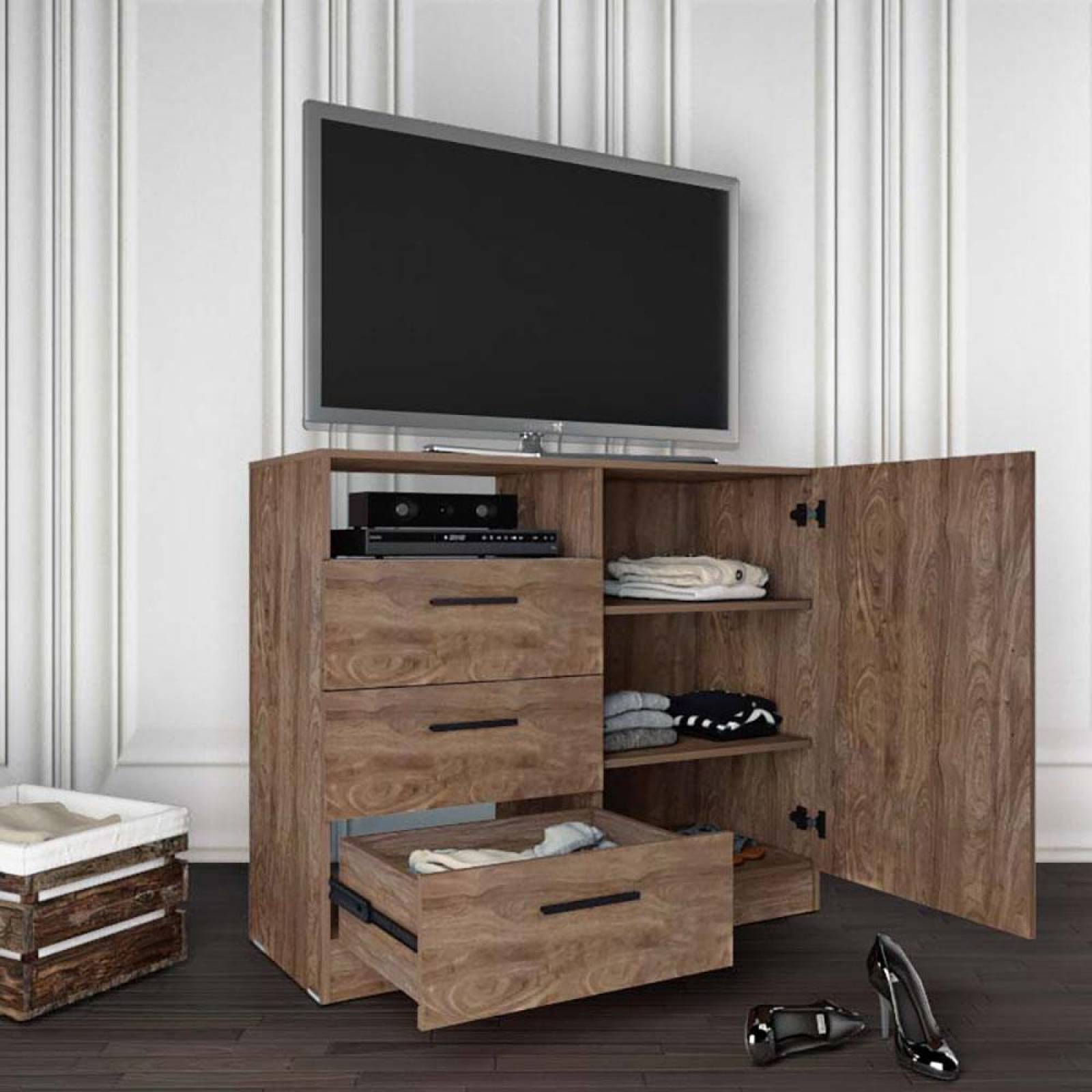 CÓMODA 3C CON ENTREPAÑOS COLOR NOGAL 