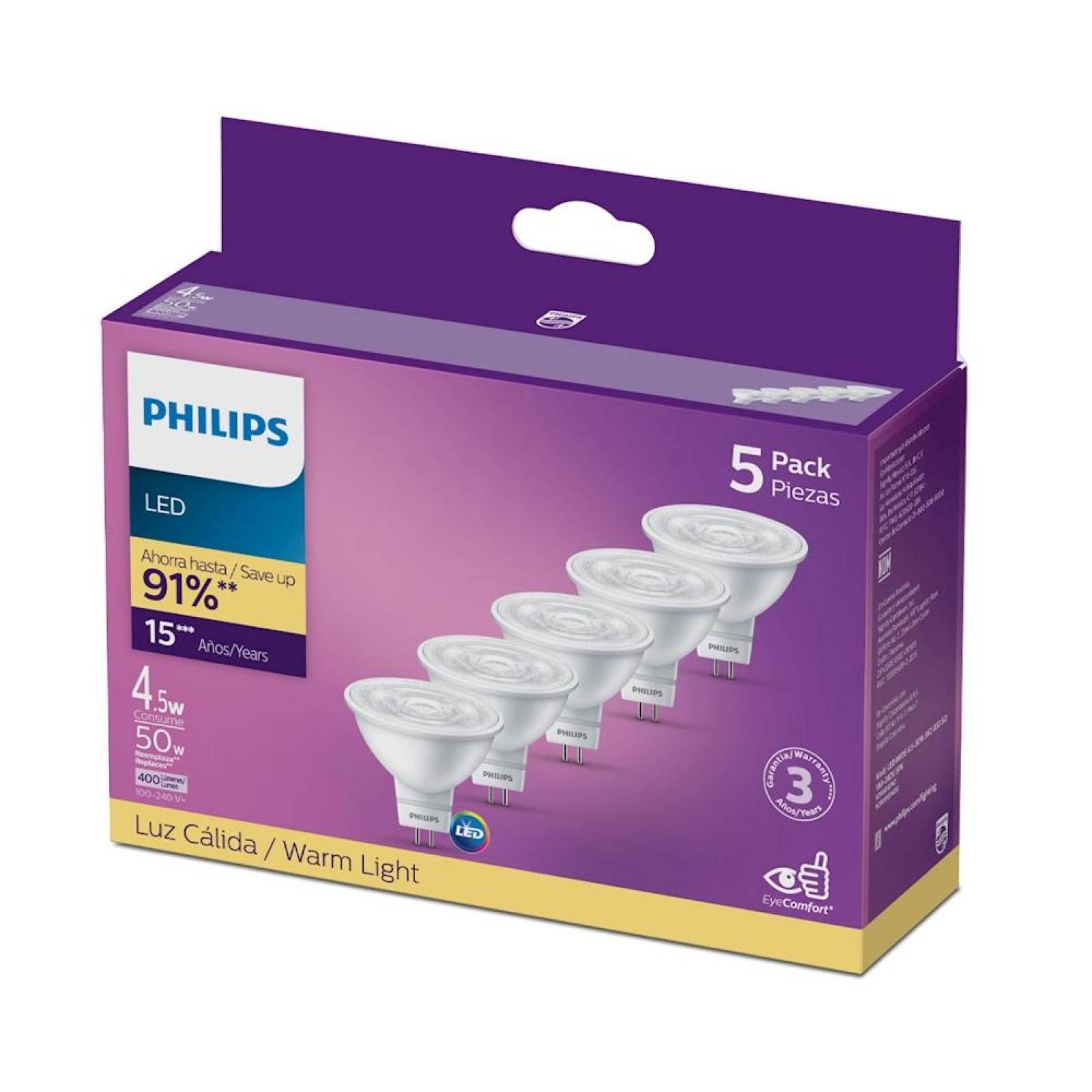 SPOT PHILIPS LED MR16 LUZ CÁLIDA 5 PIEZAS