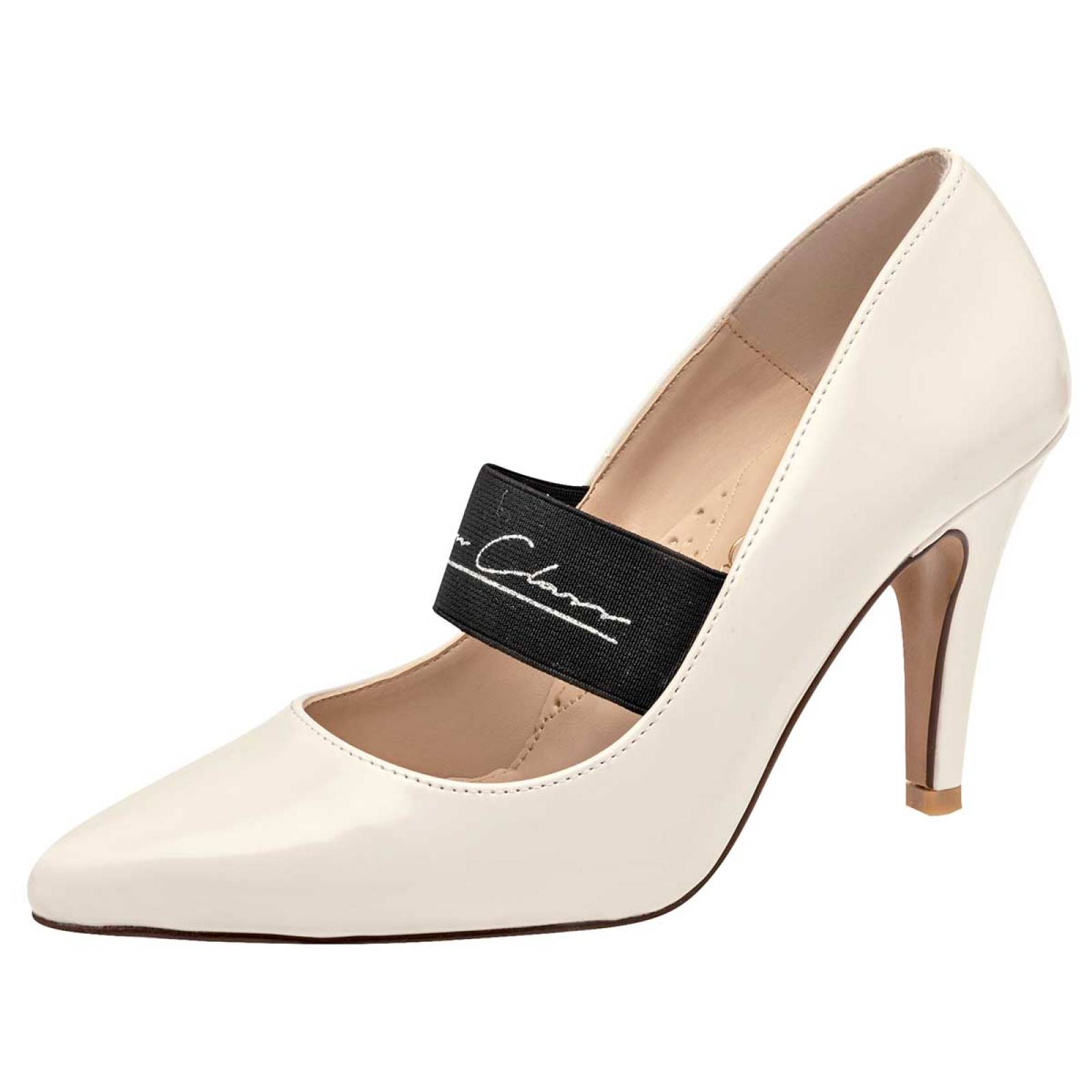 BEEN CLASS ZAPATILLA DE PUNTA CERRADA BLANCO CHAROL CON ELASTICO TACON DE AGUJA 9 CM