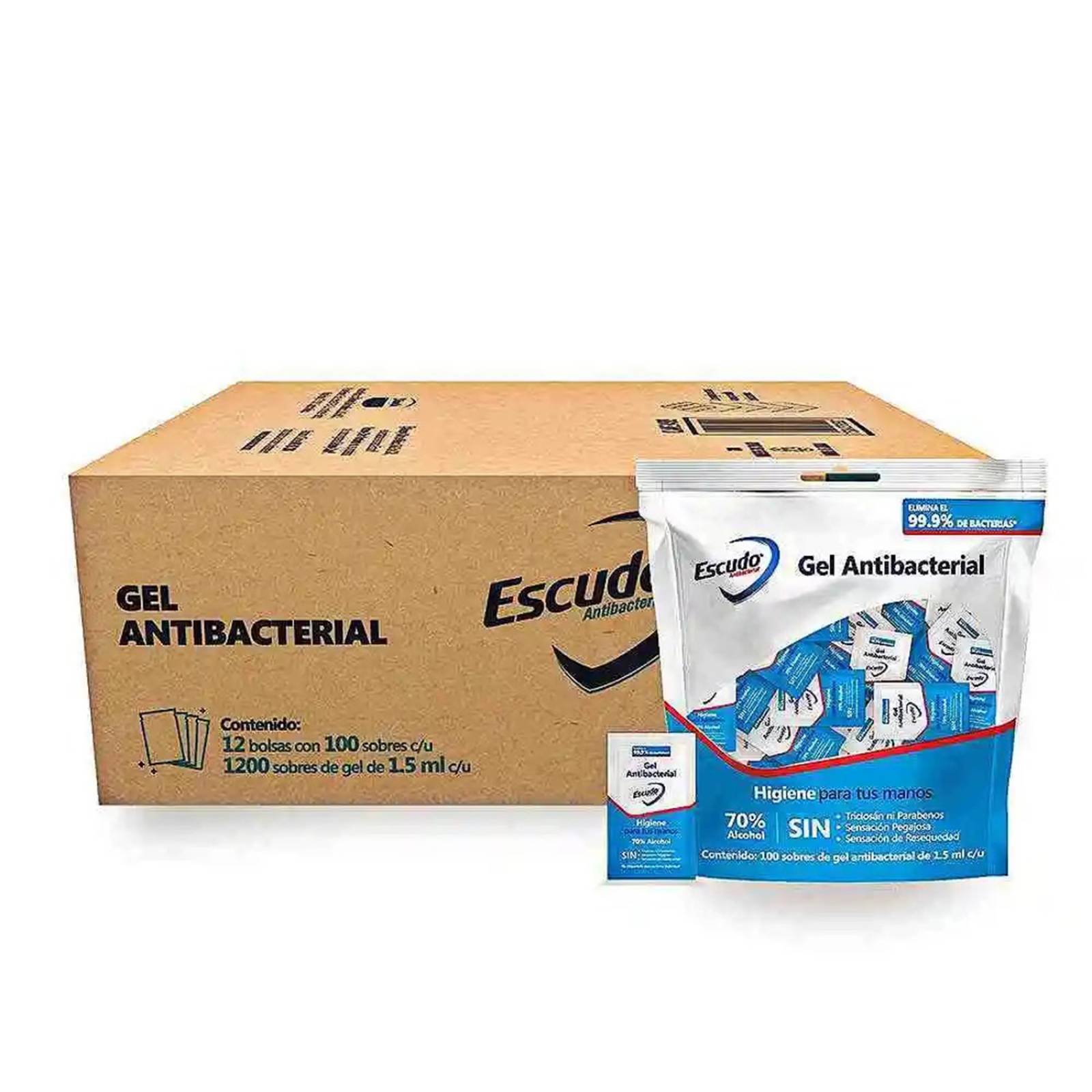 Caja de 1200 Sobres Gel Antibacterial Marca ESCUDO 15 Ml C U