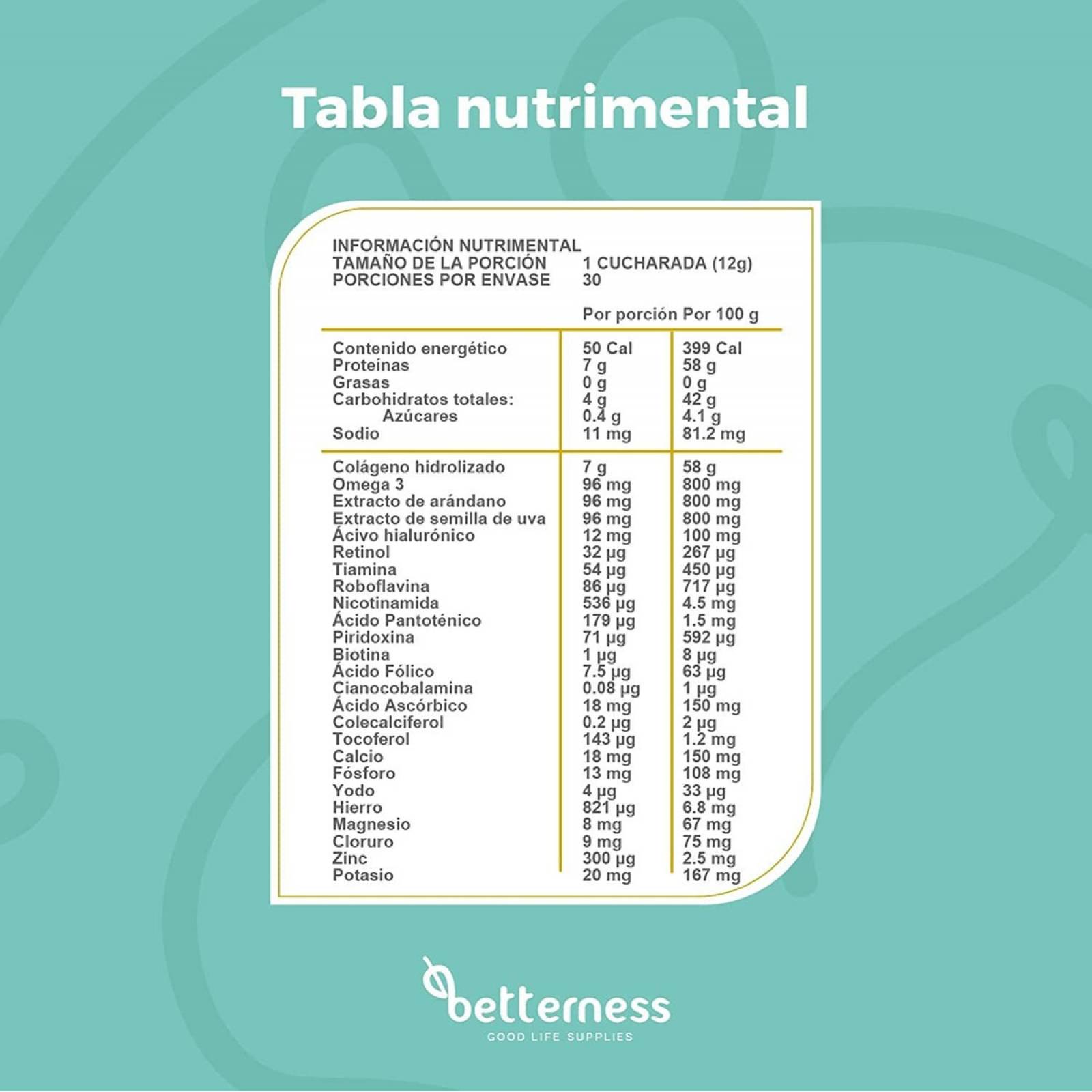 Colágeno Hidrolizado Polvo Betterness Omega 3 Vitaminas 360g