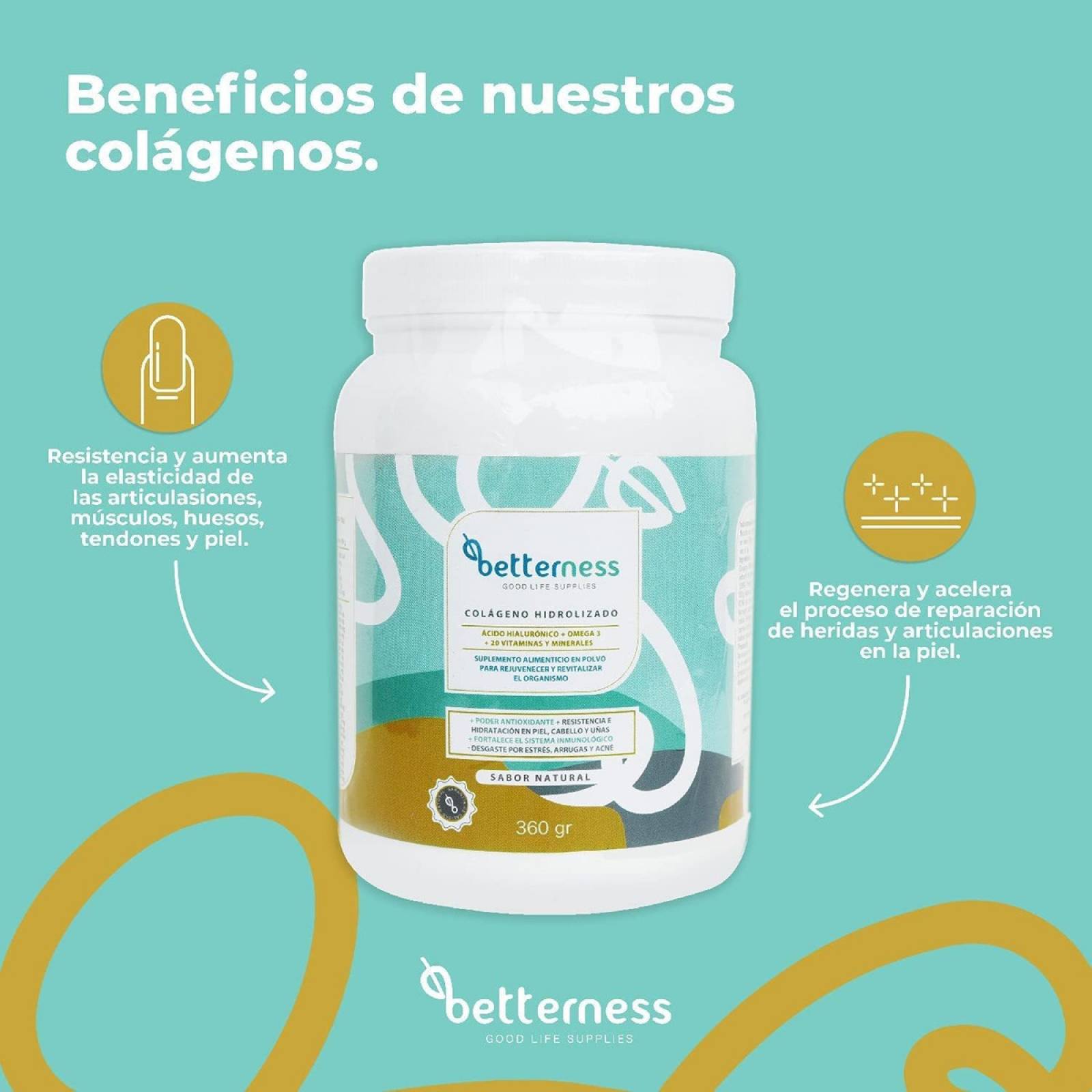 Colágeno Hidrolizado Polvo Betterness Omega 3 Vitaminas 360g