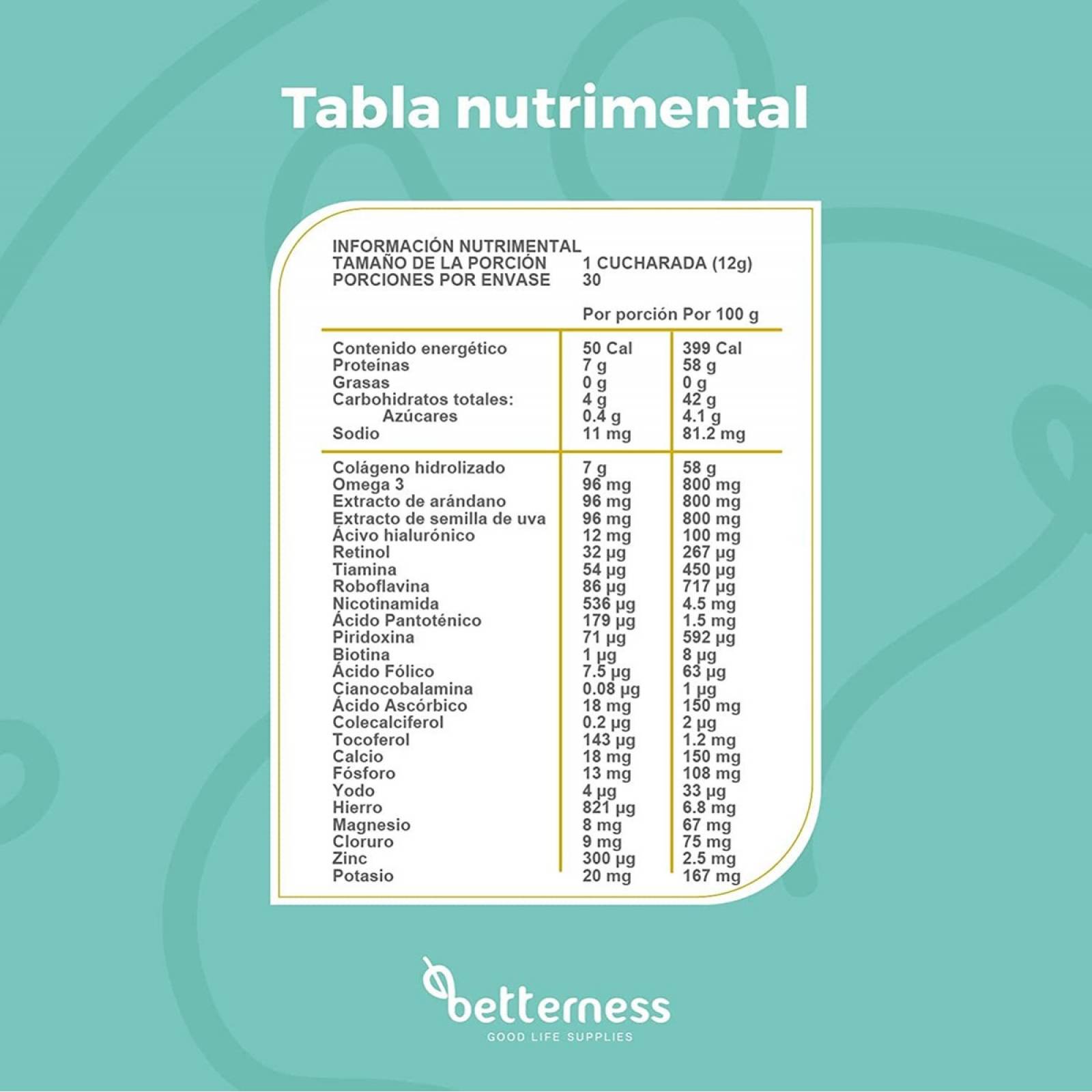 Colágeno Hidrolizado Polvo Betterness Omega 3 Vitaminas 360g