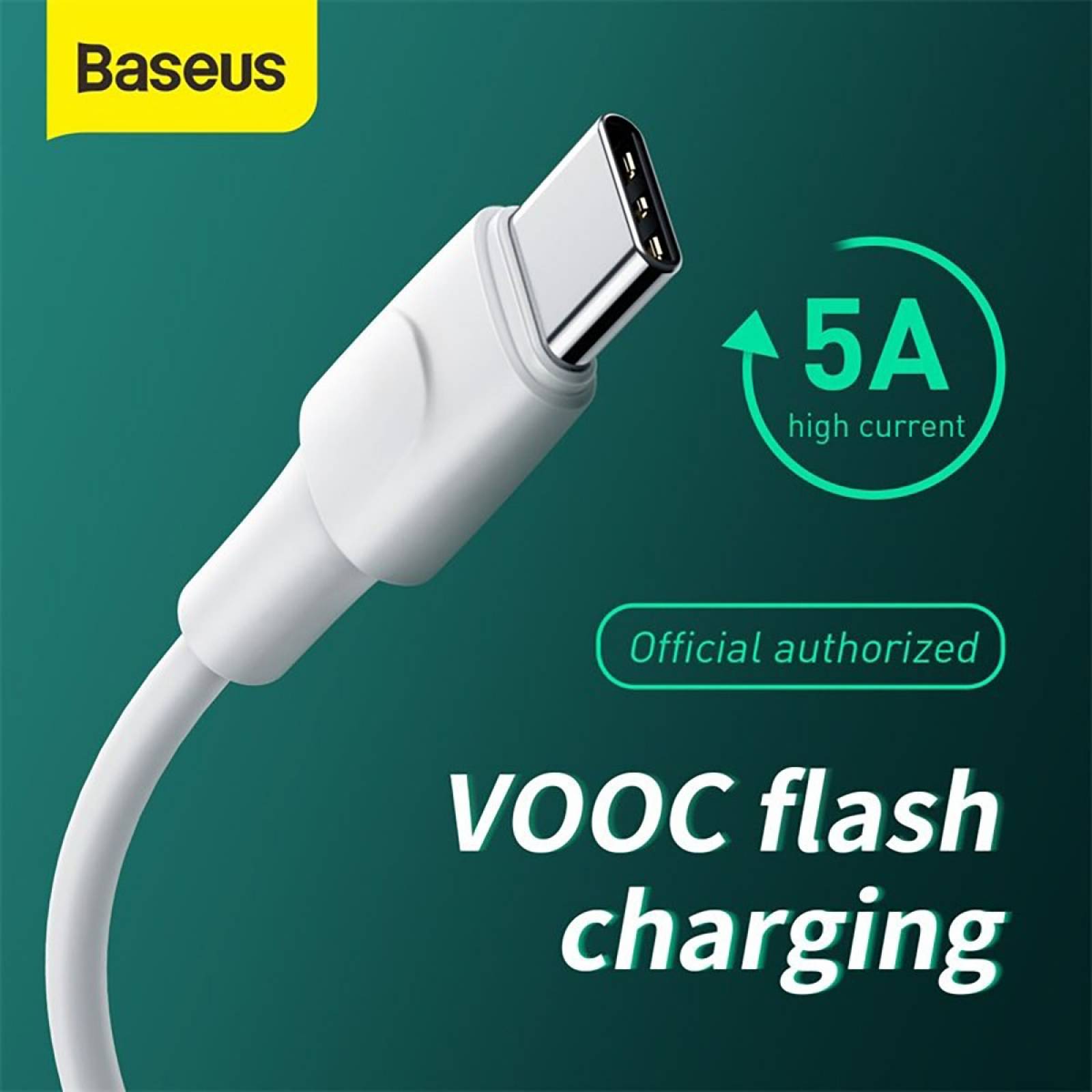 Cable Tipo C Baseus 2m Carga Rapida VOOC Huawei OPPO OnePlus Blanco