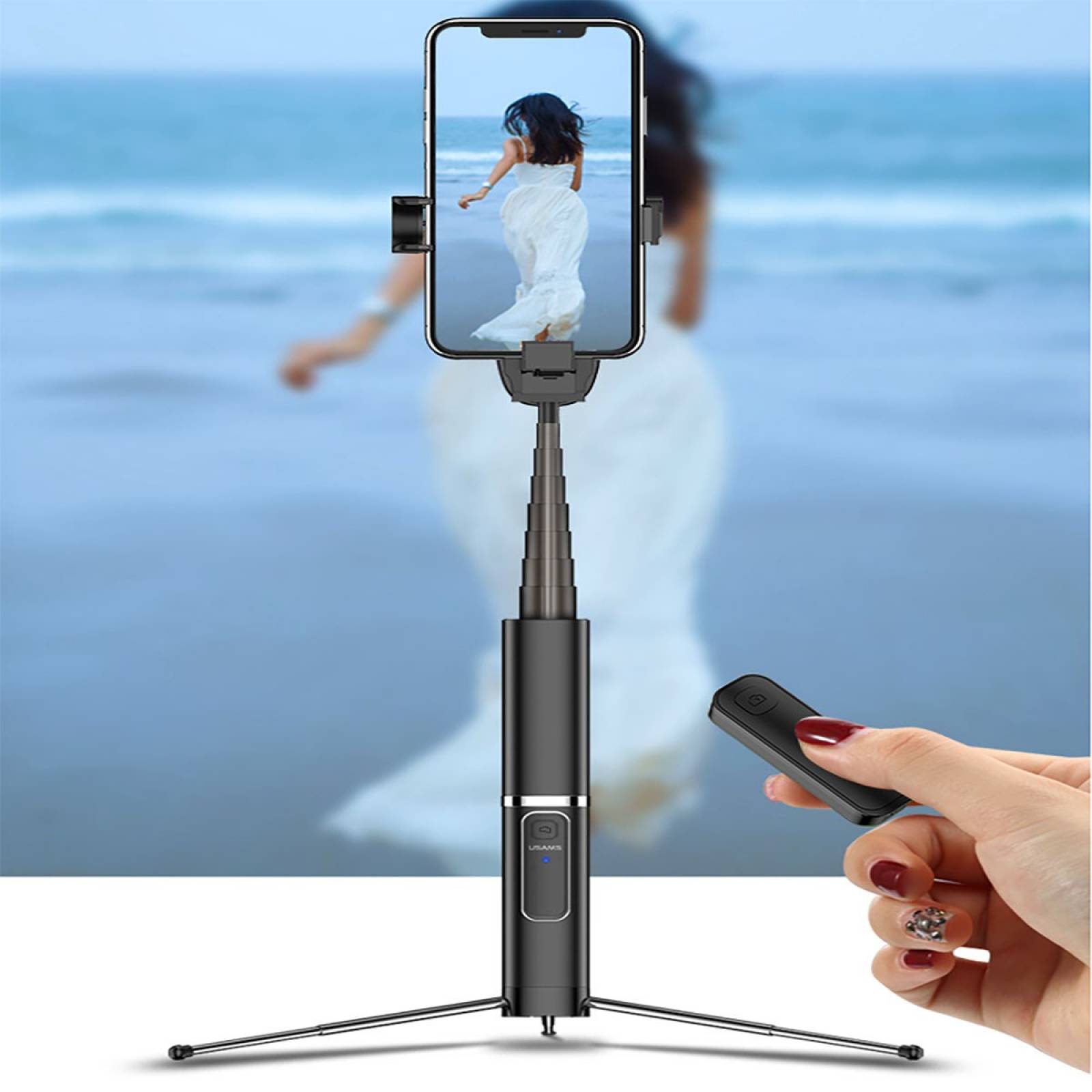 Selfie Stick Usams Palo Tripie Control Remoto Bluetooth 90cm Negro