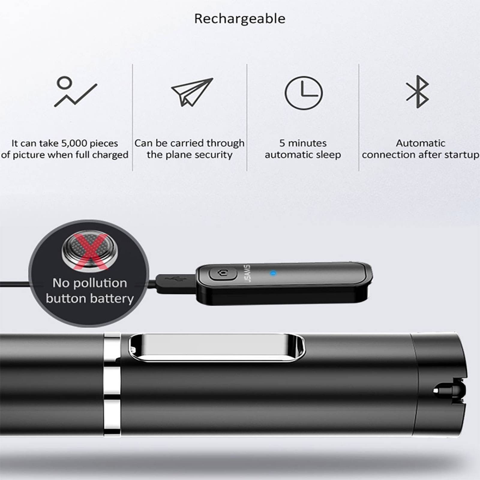 Selfie Stick Usams Palo Tripie Control Remoto Bluetooth 90cm Negro