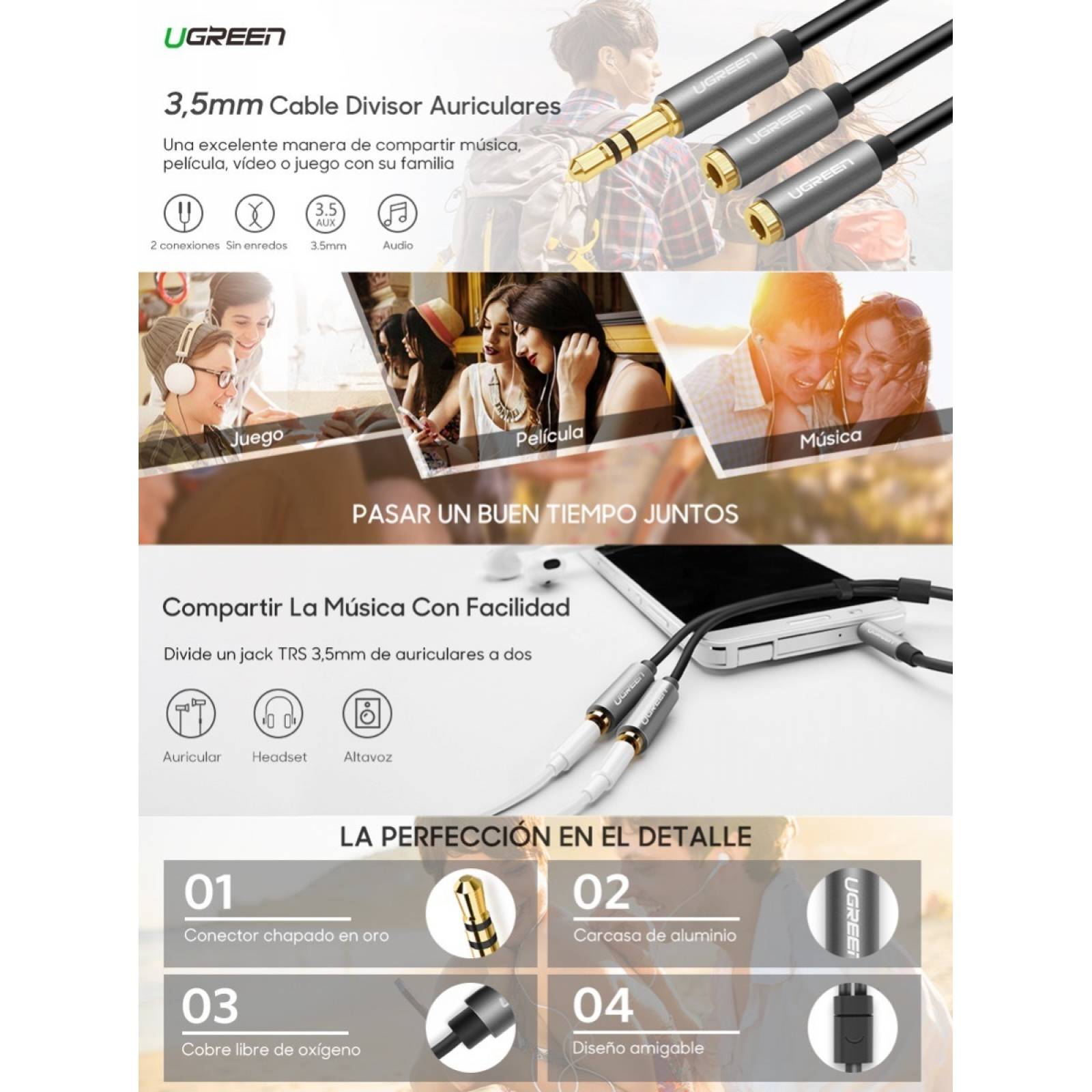 Cable Audio Ugreen Splitter Auxiliar 3.5mm Macho A 2 Hembras 20cm