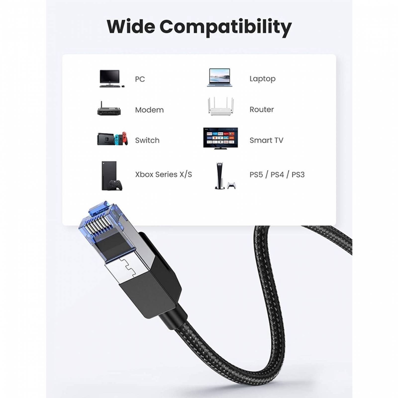 Cable Ethernet Ugreen Cat 8 Nylon Reforzado Conector Rj45 2m