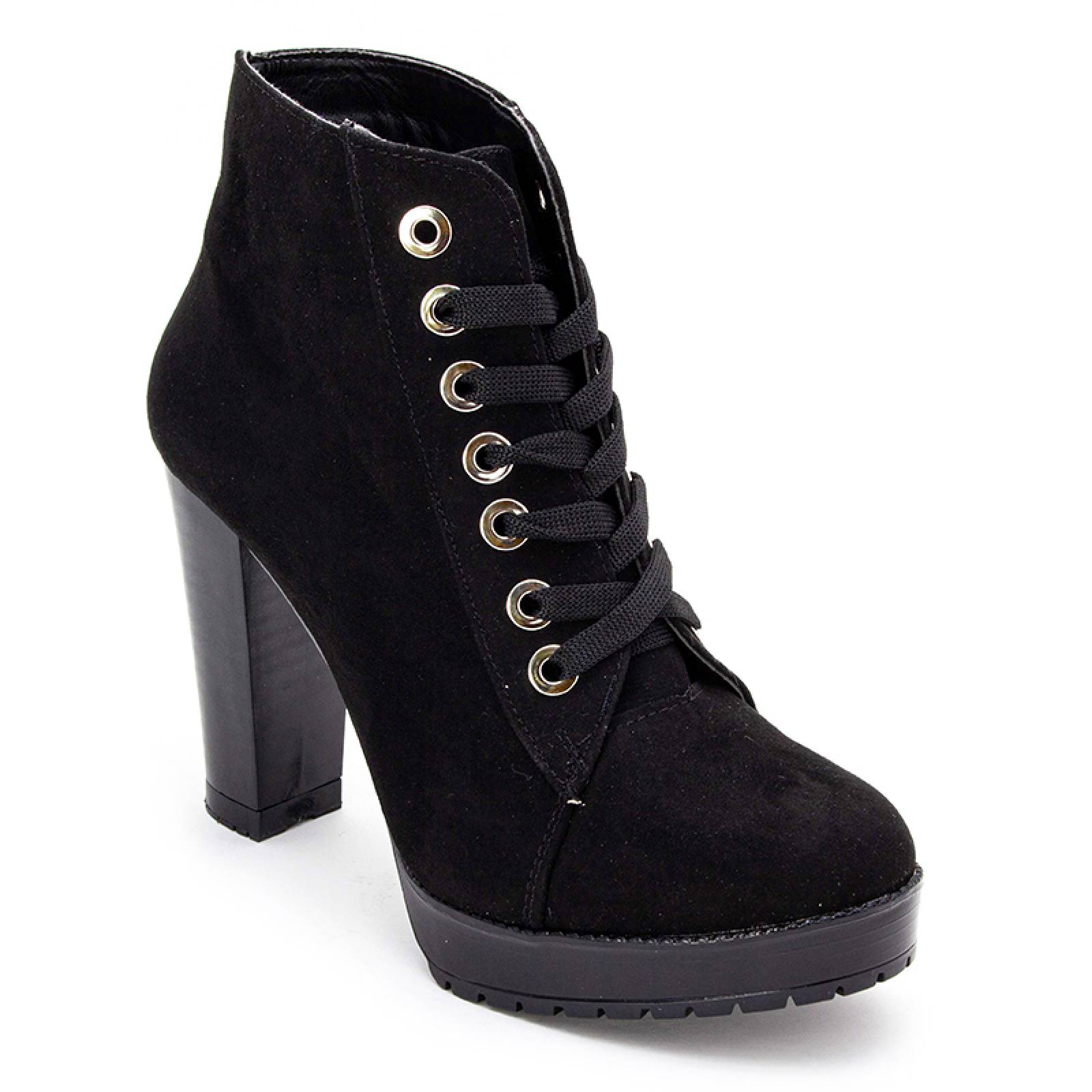 Botín Tacón Alto Dama 5501 Negro Acabado Gamuza Con Agujetas