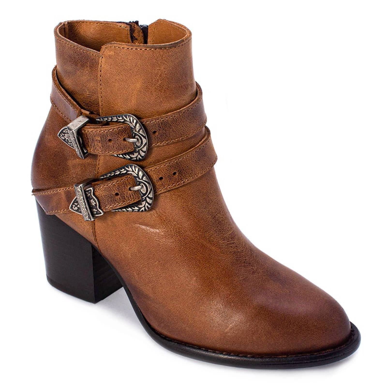 Botines Dama 2448 Piel Miel Tacón Western Vaquero Mujer